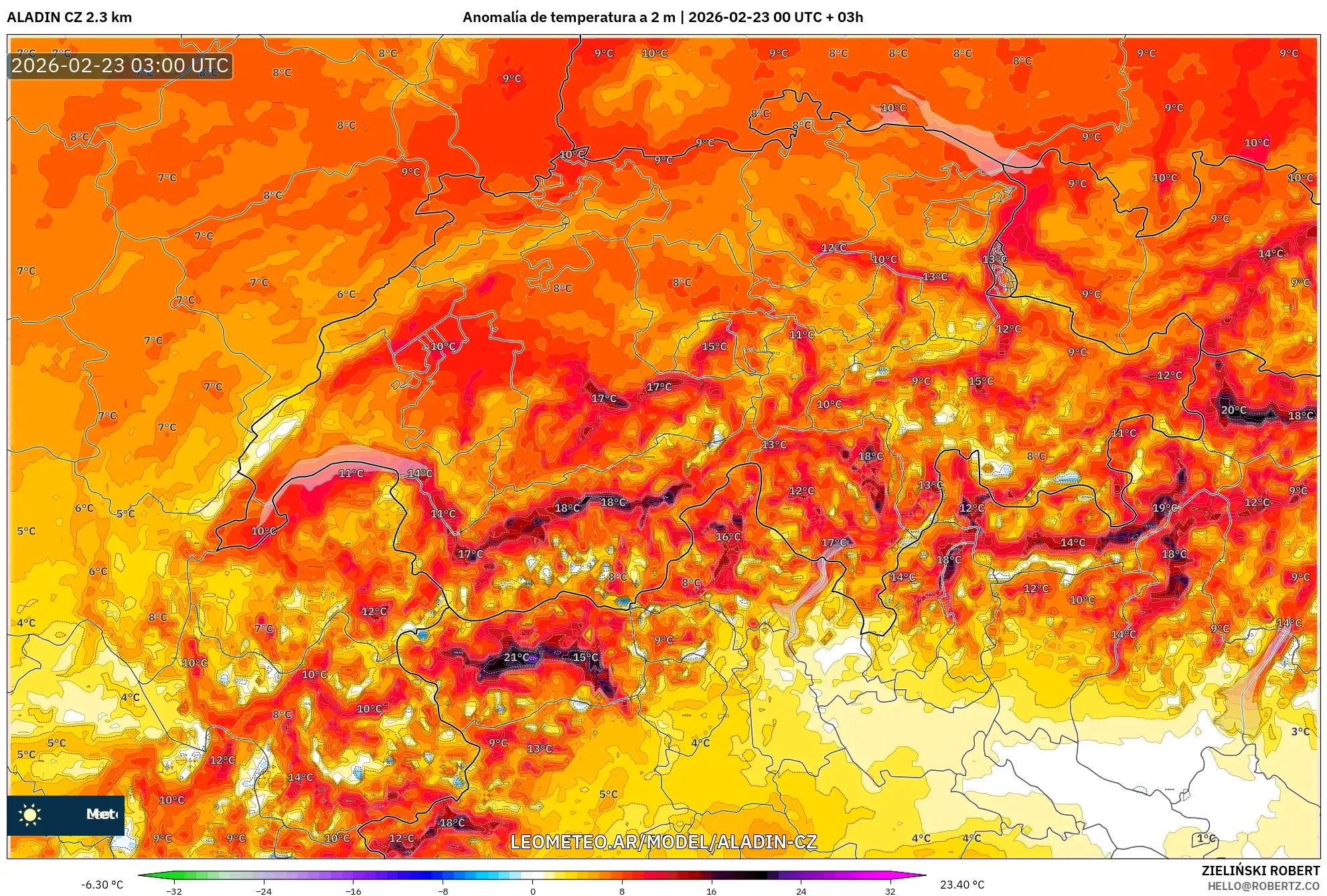 ALADIN CZ 2.3 km model - Szwajcaria, Anomalia temperatury na 2 m