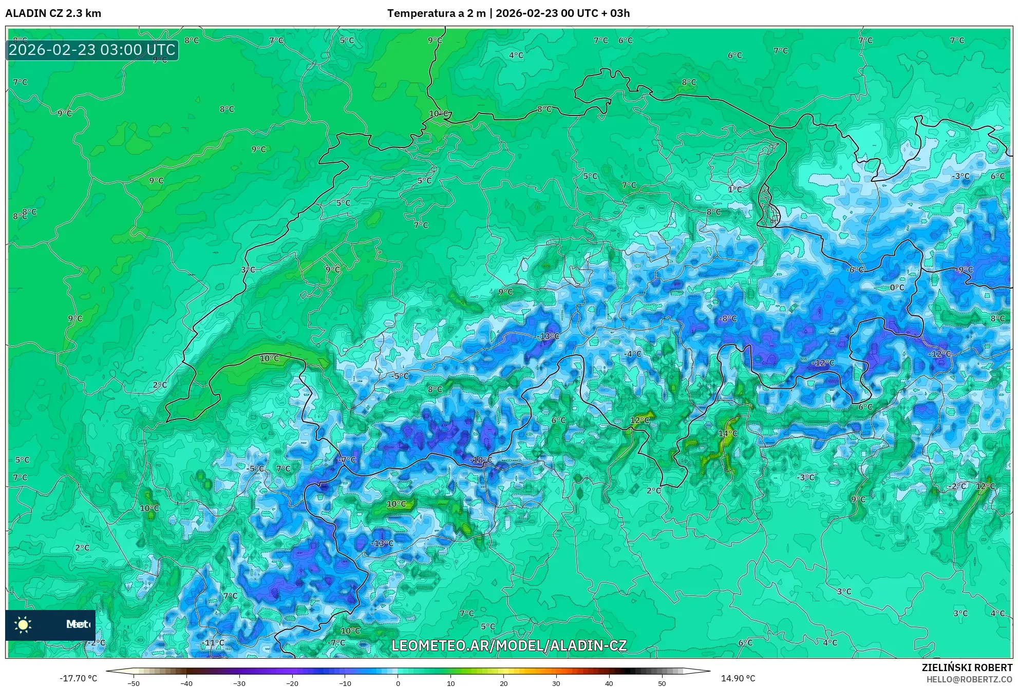 ALADIN CZ 2.3 km model - Szwajcaria, Temperatura na 2 m