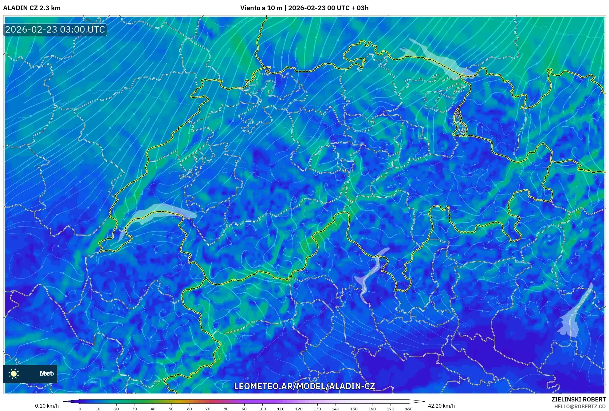 ALADIN CZ 2.3 km model - Szwajcaria, Wiatr na 10 m