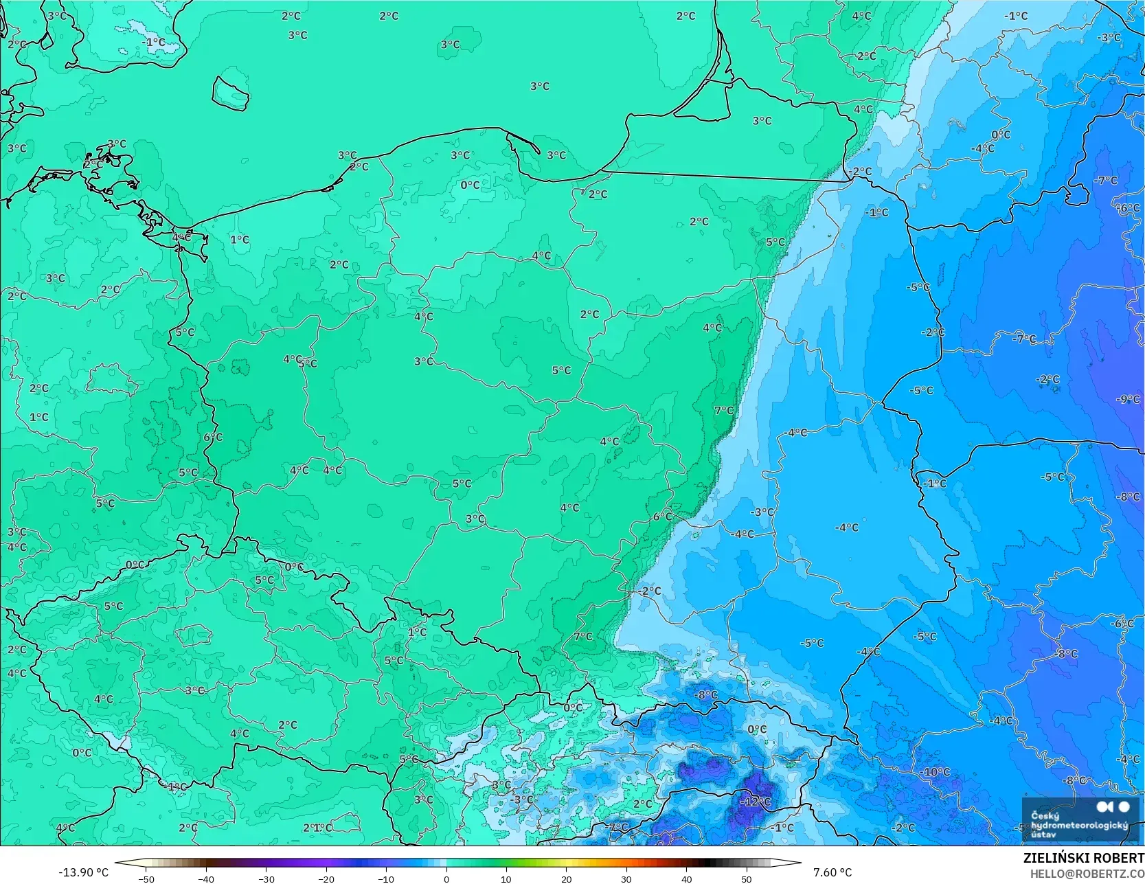 ALADIN CZ 2.3 km modelo - Polonia, Punto de rocío a 2 m