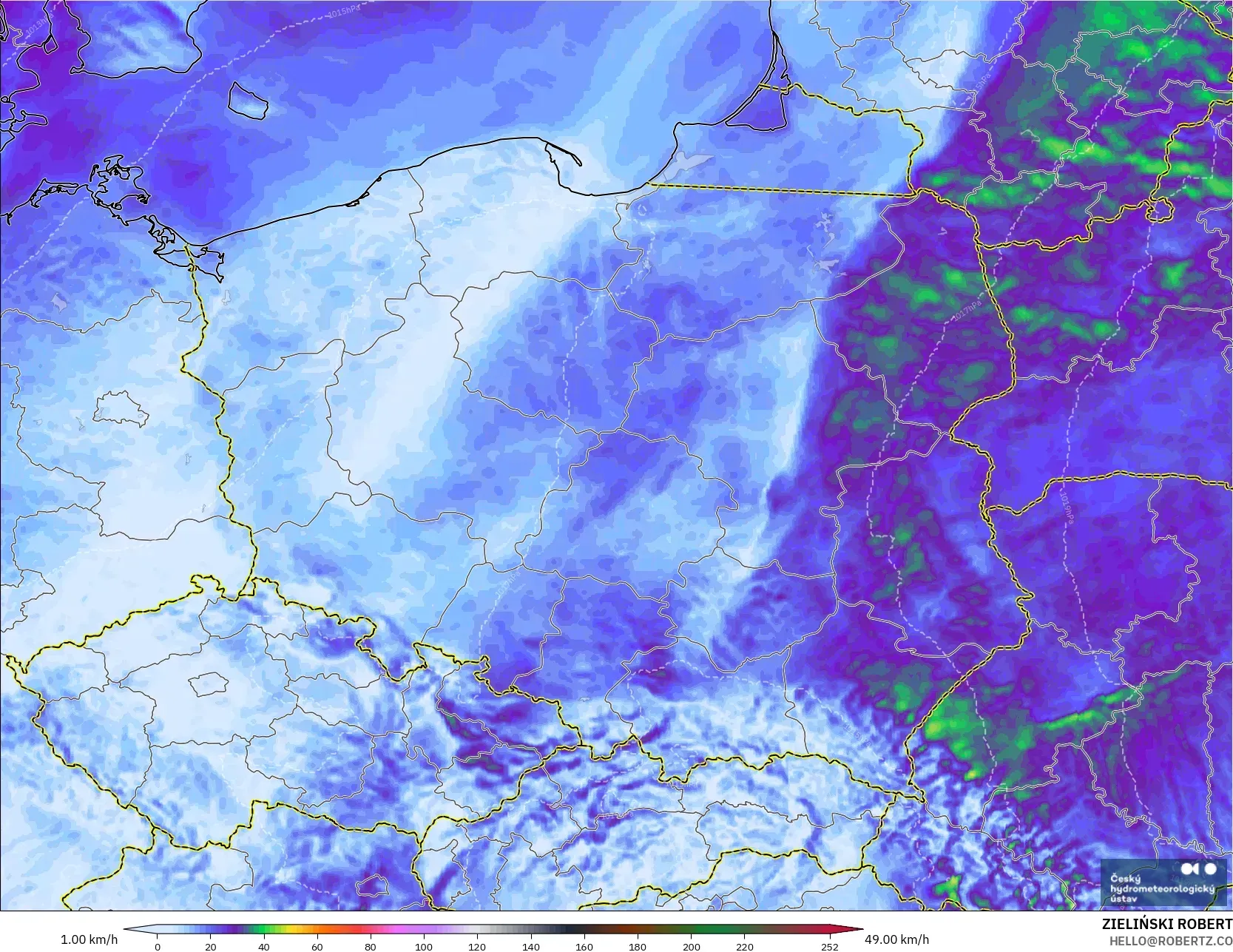 ALADIN CZ 2.3 km modelo - Polonia, Ráfagas de Viento Máximas