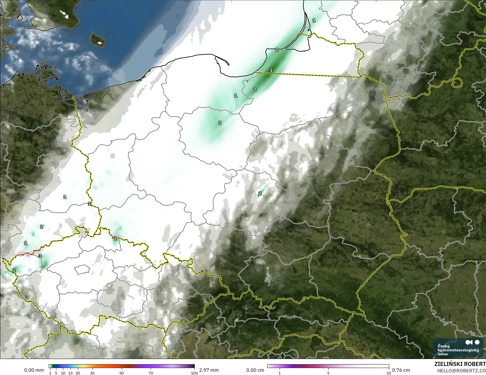 ALADIN CZ 2.3 km modelo - Polonia, Precipitación, nubes y presión