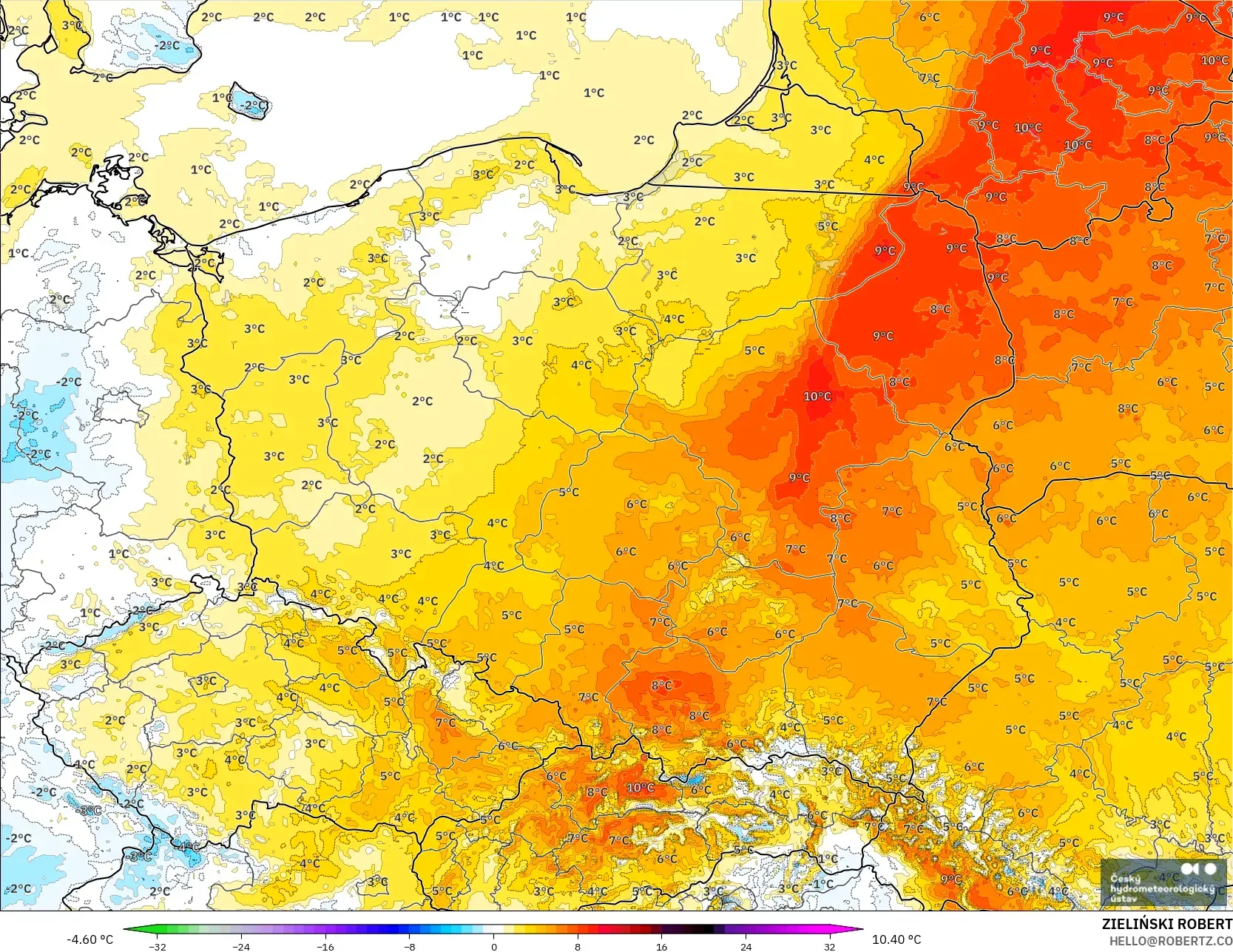 ALADIN CZ 2.3 km modelo - Polonia, Anomalía de temperatura a 2 m