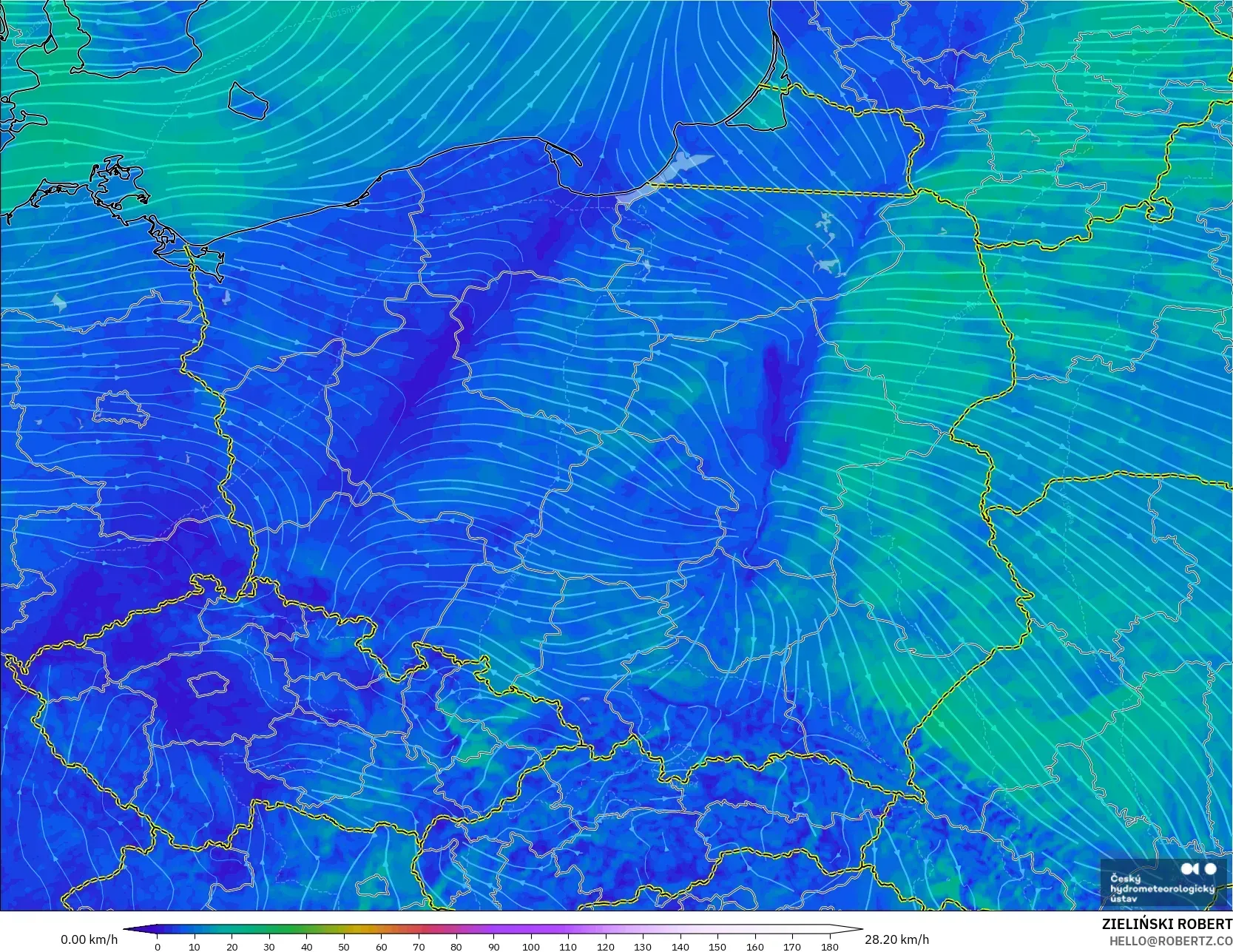 ALADIN CZ 2.3 km modelo - Polonia, Viento a 10 m
