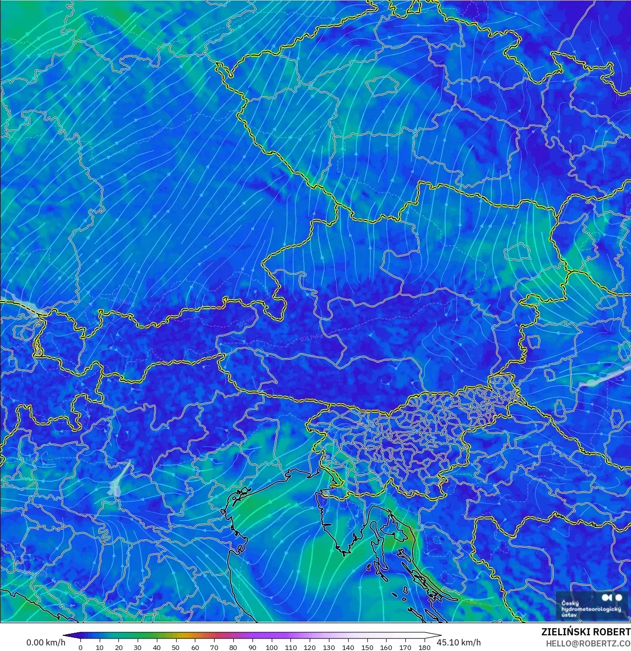 ALADIN CZ 2.3 km modelo - Austria, Viento a 10 m