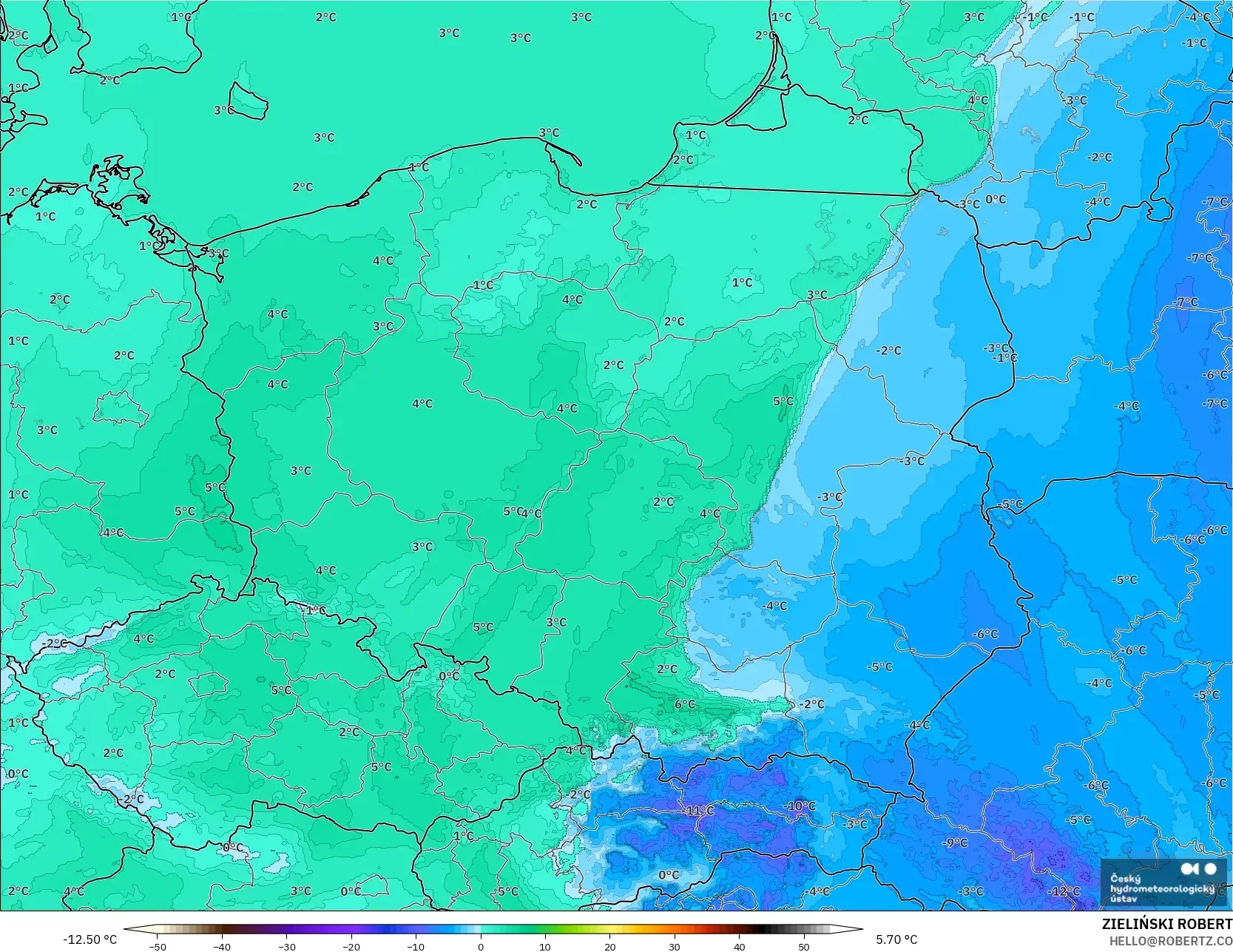 ALADIN CZ 2.3 km modelo - Polonia, Punto de rocío a 2 m