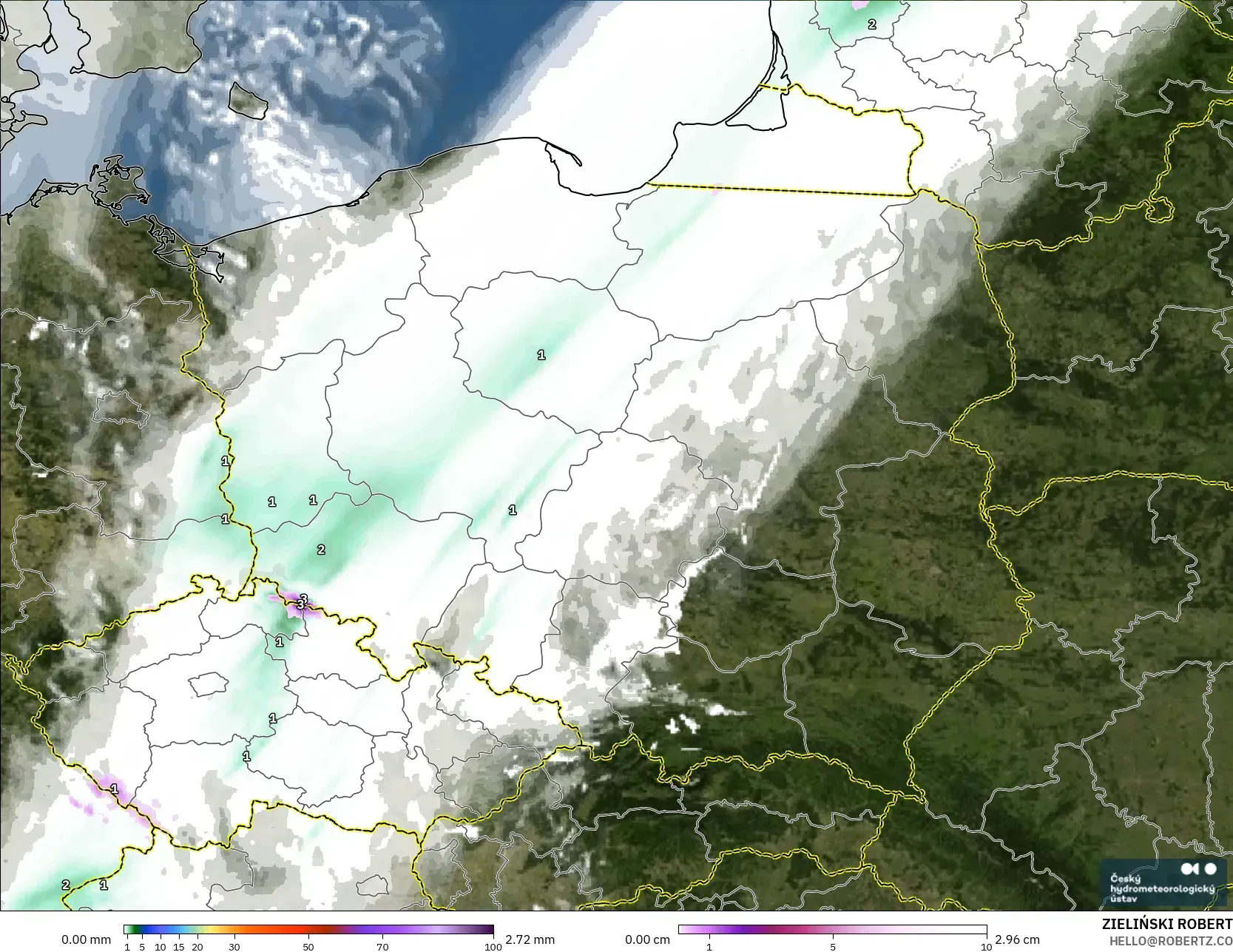 ALADIN CZ 2.3 km modelo - Polonia, Precipitación, nubes y presión