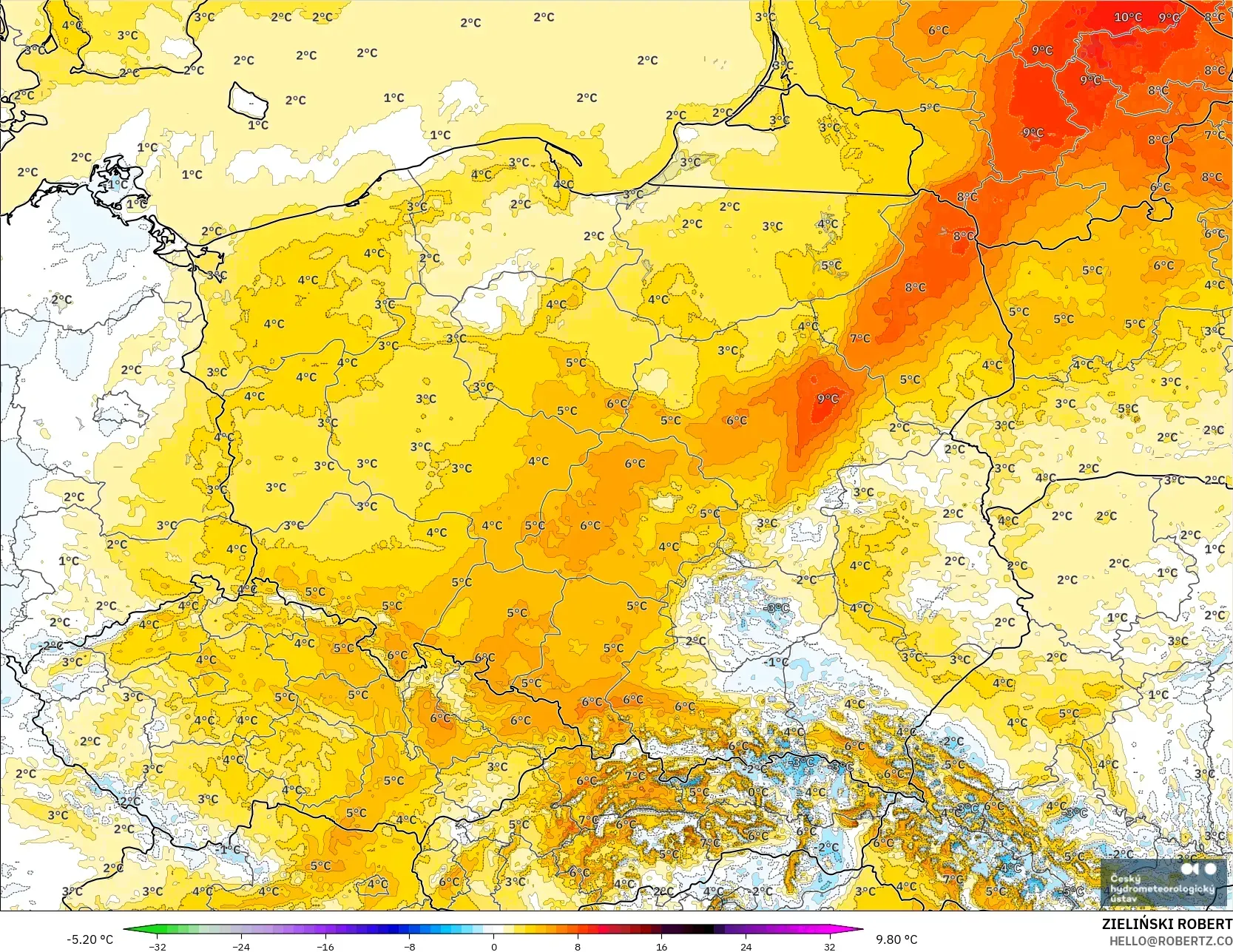 ALADIN CZ 2.3 km modelo - Polonia, Anomalía de temperatura a 2 m