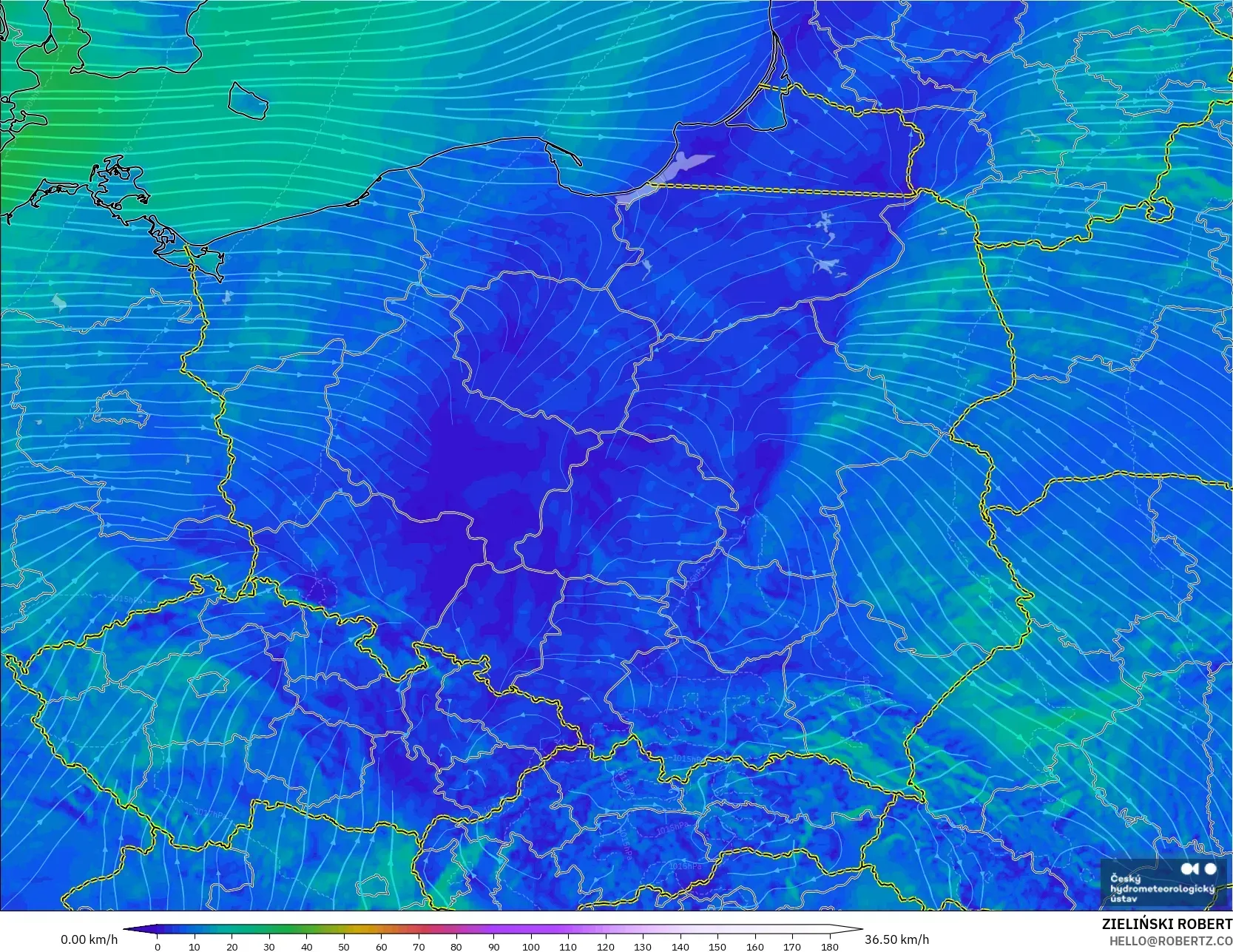 ALADIN CZ 2.3 km modelo - Polonia, Viento a 10 m