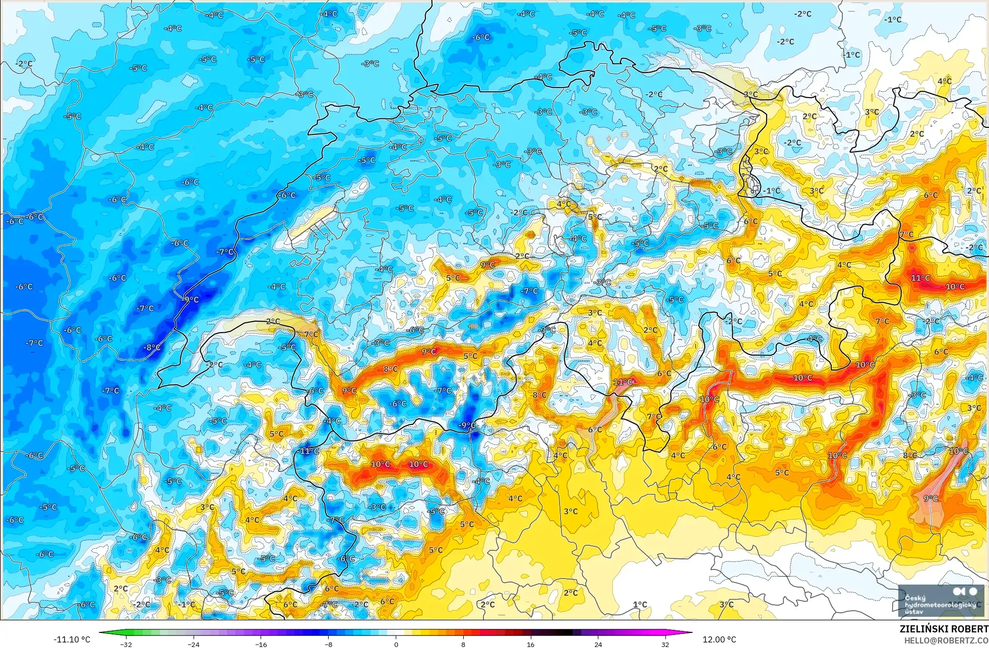 ALADIN CZ 2.3 km modelo - Suiza, Anomalía de temperatura a 2 m