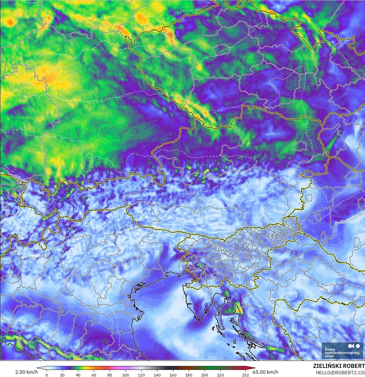 ALADIN CZ 2.3 km modelo - Austria, Ráfagas de Viento Máximas
