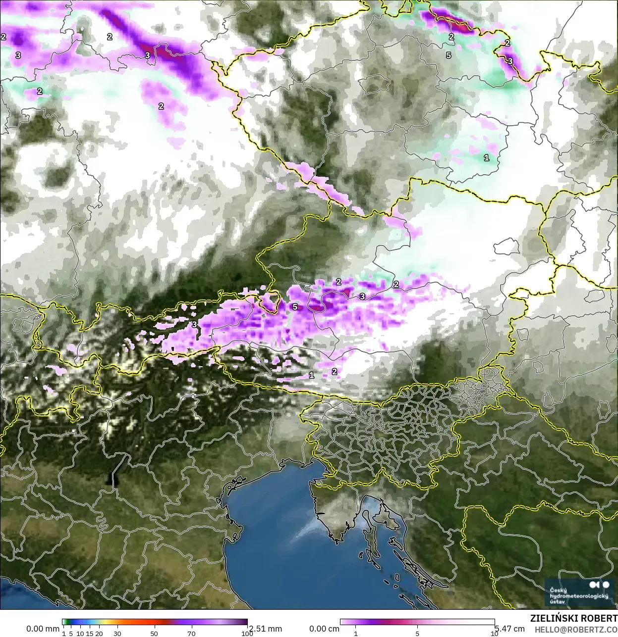 ALADIN CZ 2.3 km modelo - Austria, Precipitación, nubes y presión