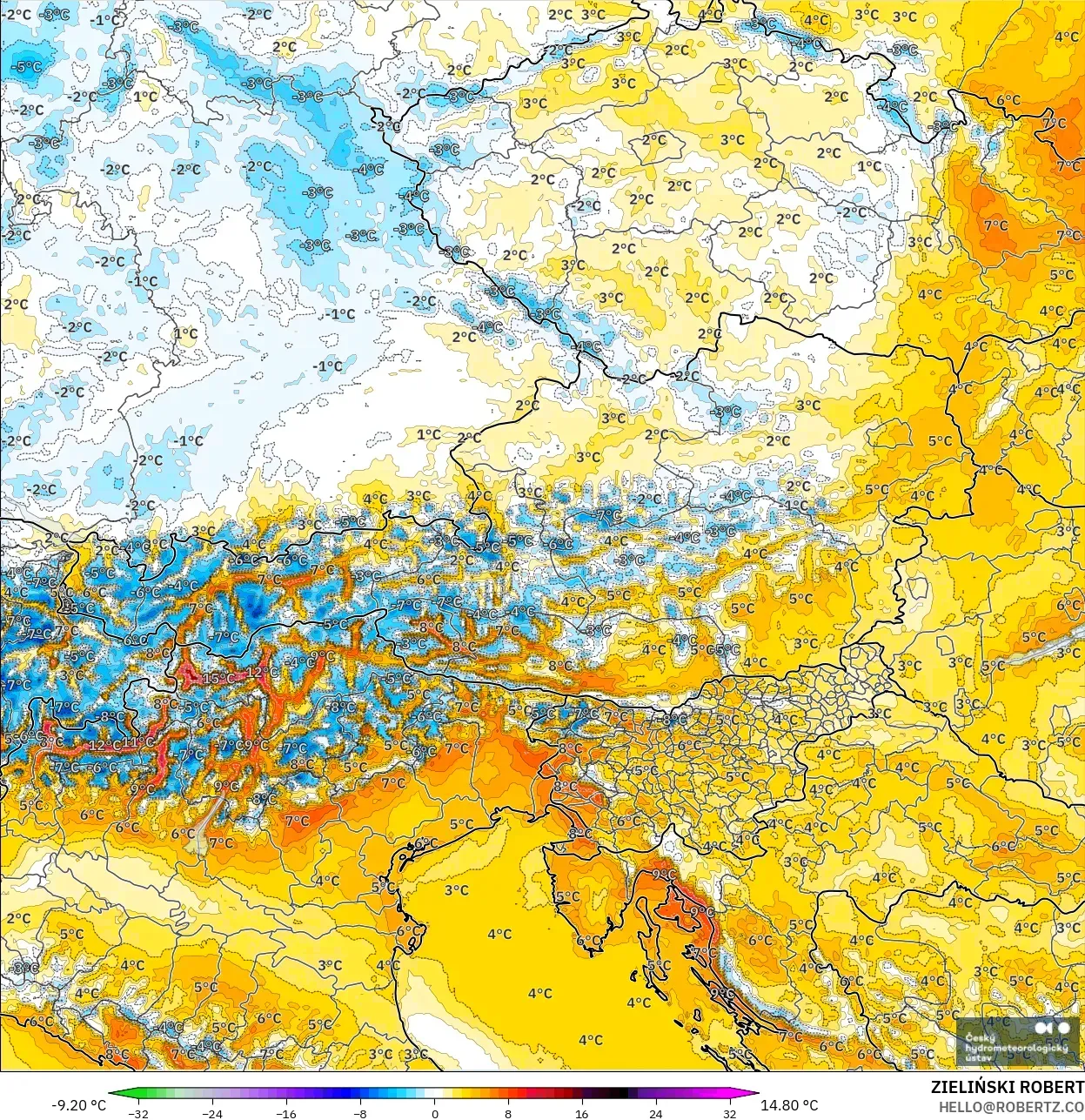 ALADIN CZ 2.3 km modelo - Austria, Anomalía de temperatura a 2 m