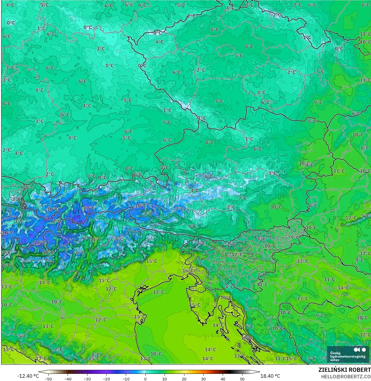 ALADIN CZ 2.3 km modelo - Austria, Temperatura a 2 m