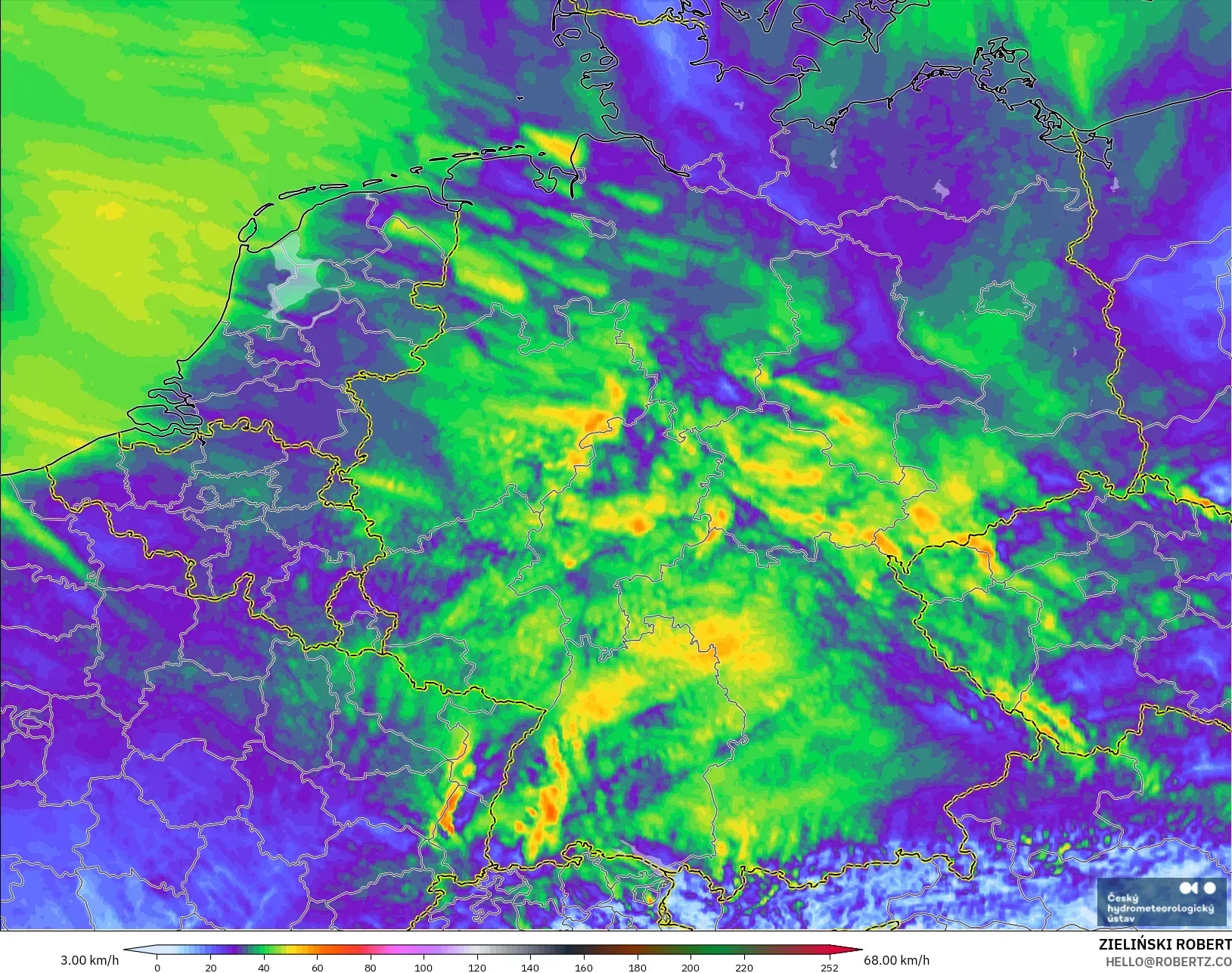 ALADIN CZ 2.3 km modelo - Alemania, Ráfagas de viento