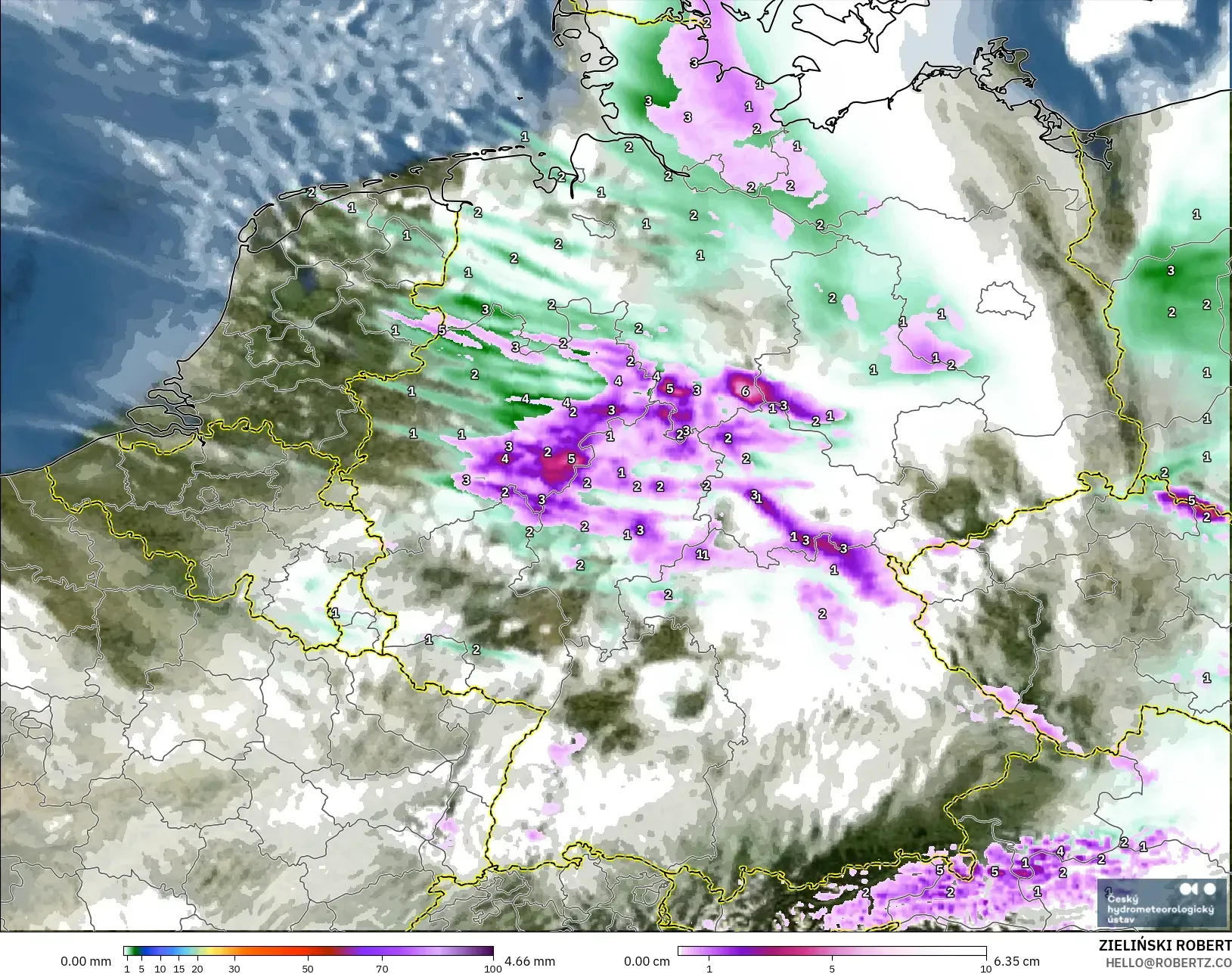 ALADIN CZ 2.3 km modelo - Alemania, Precipitación, nubes y presión