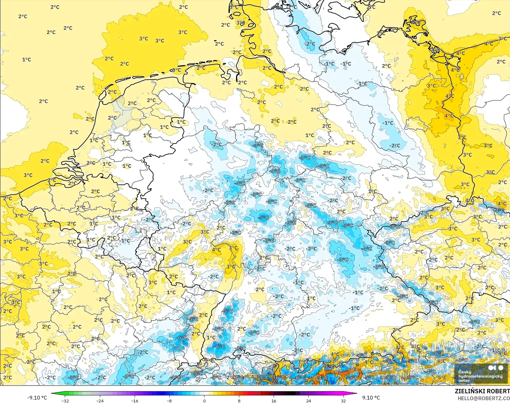 ALADIN CZ 2.3 km modelo - Alemania, Anomalía de temperatura a 2 m