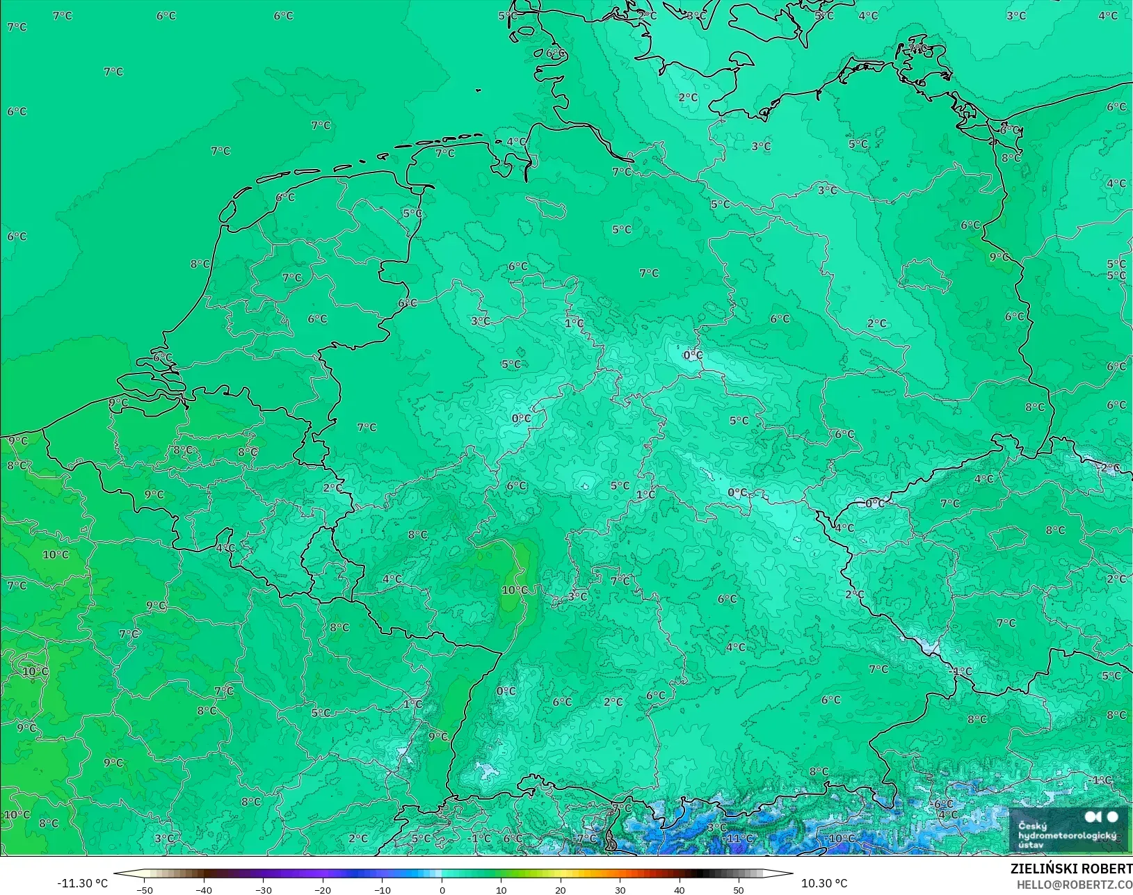 ALADIN CZ 2.3 km modelo - Alemania, Temperatura a 2 m