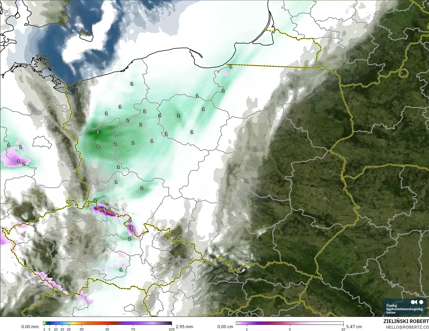 ALADIN CZ 2.3 km modelo - Polonia, Precipitación, nubes y presión