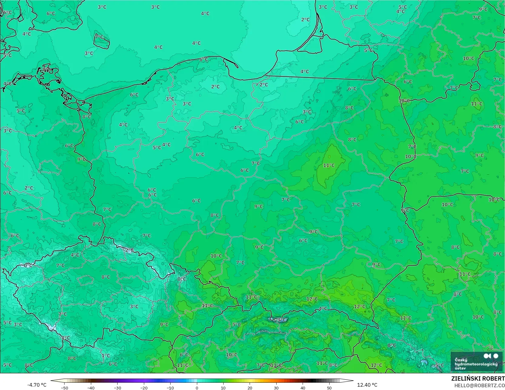 ALADIN CZ 2.3 km modelo - Polonia, Temperatura a 2 m