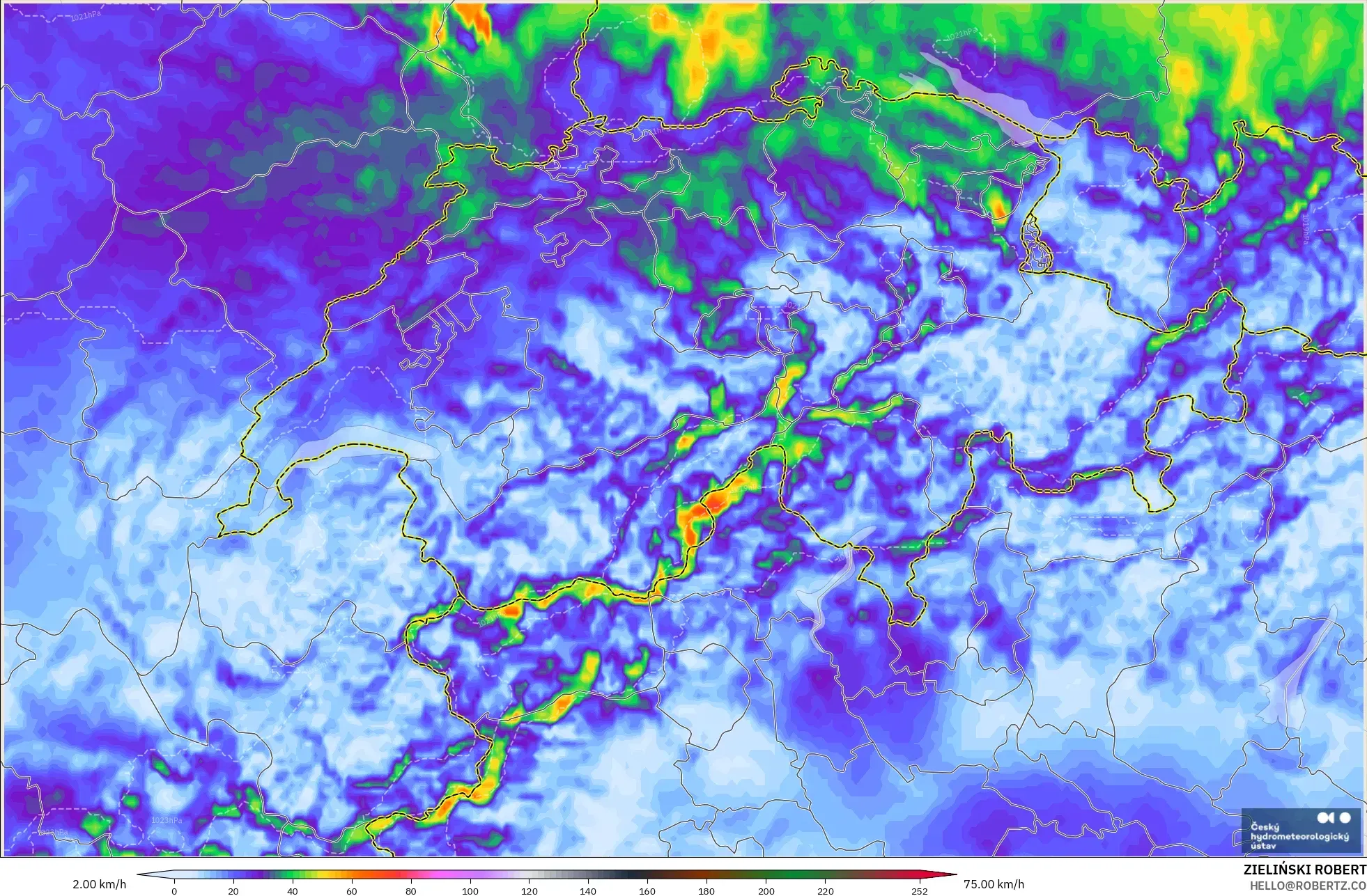 ALADIN CZ 2.3 km modelo - Suiza, Ráfagas de Viento Máximas