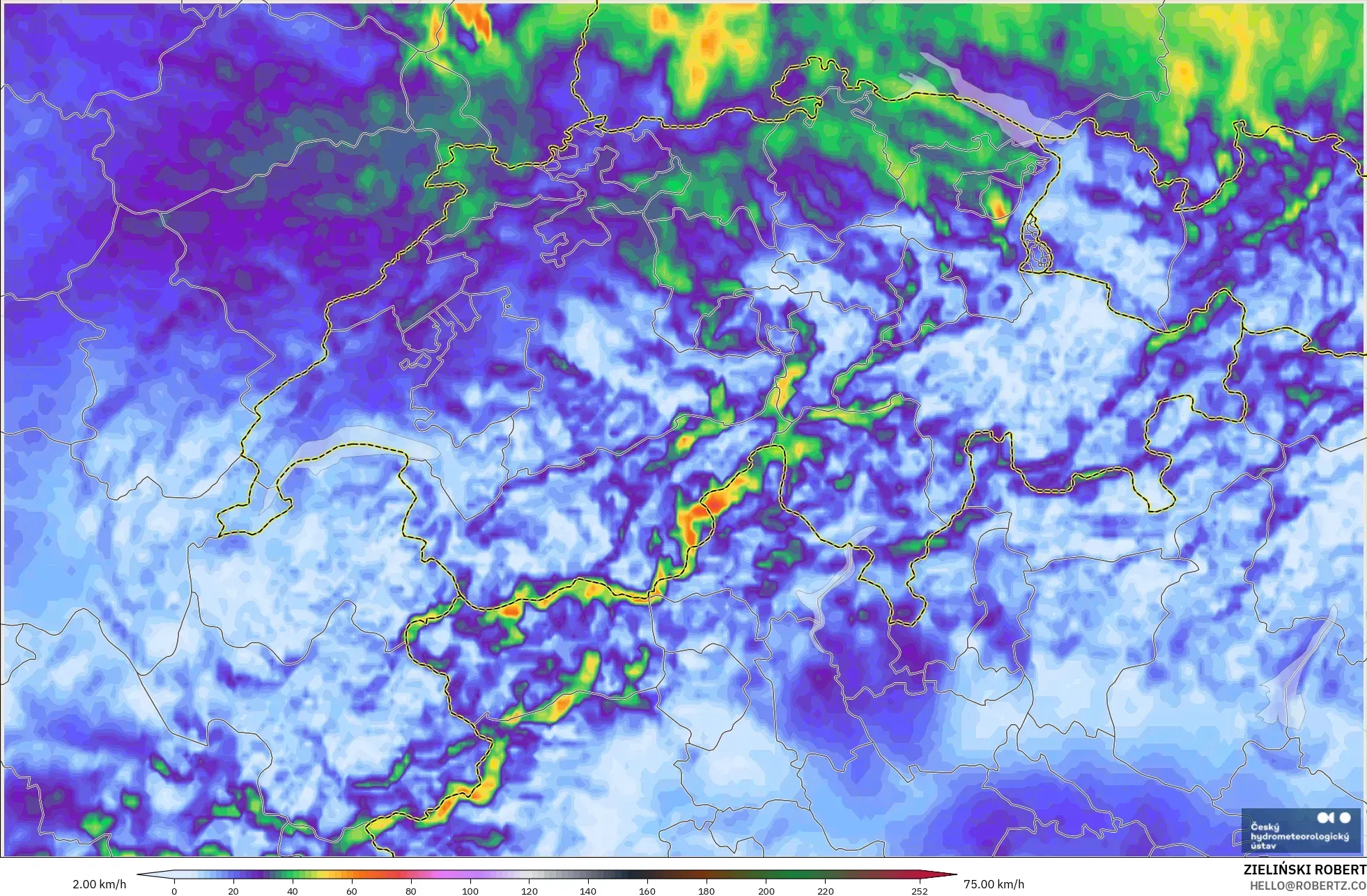 ALADIN CZ 2.3 km modelo - Suiza, Ráfagas de viento