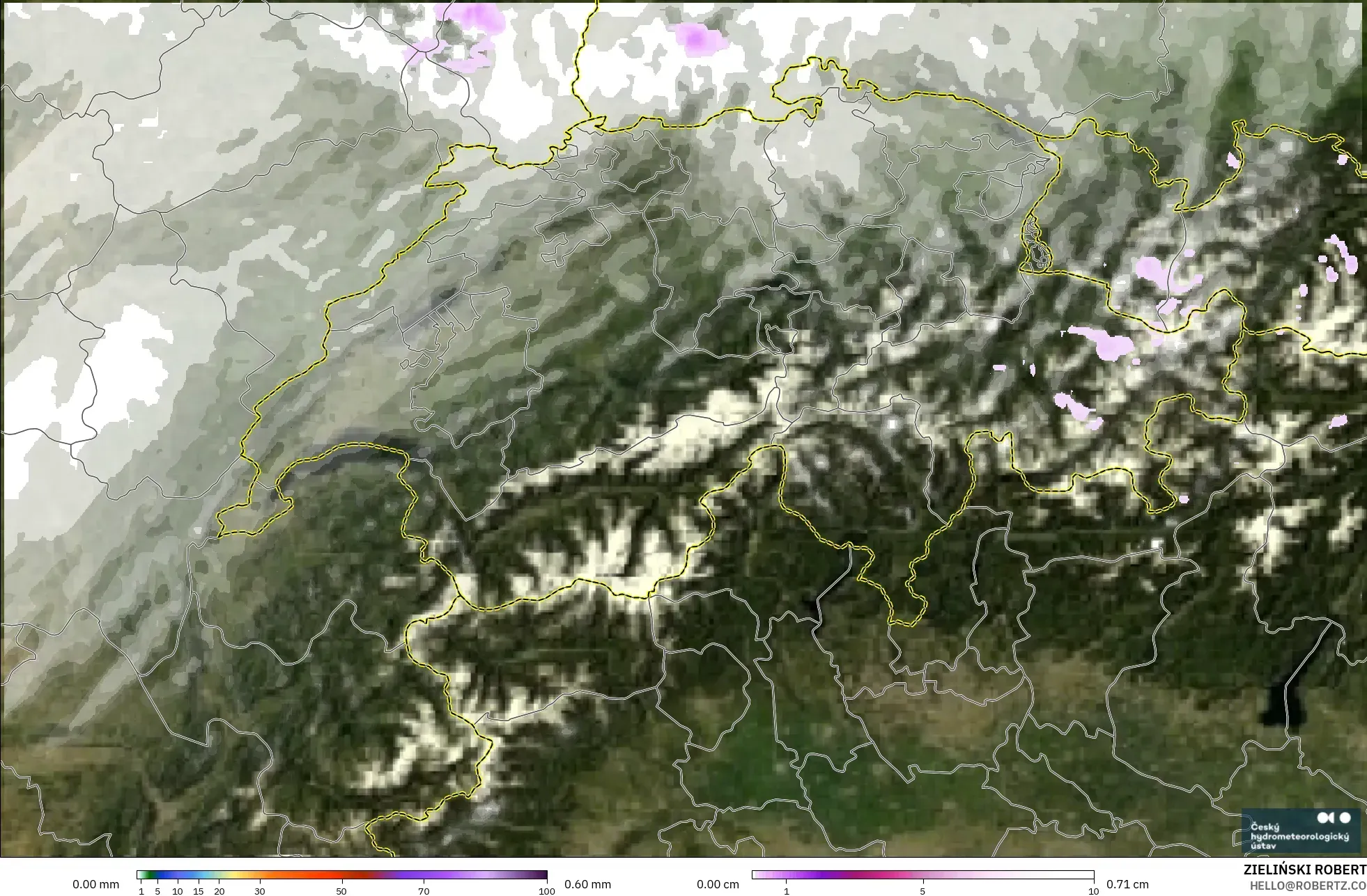 ALADIN CZ 2.3 km modelo - Suiza, Precipitación, nubes y presión