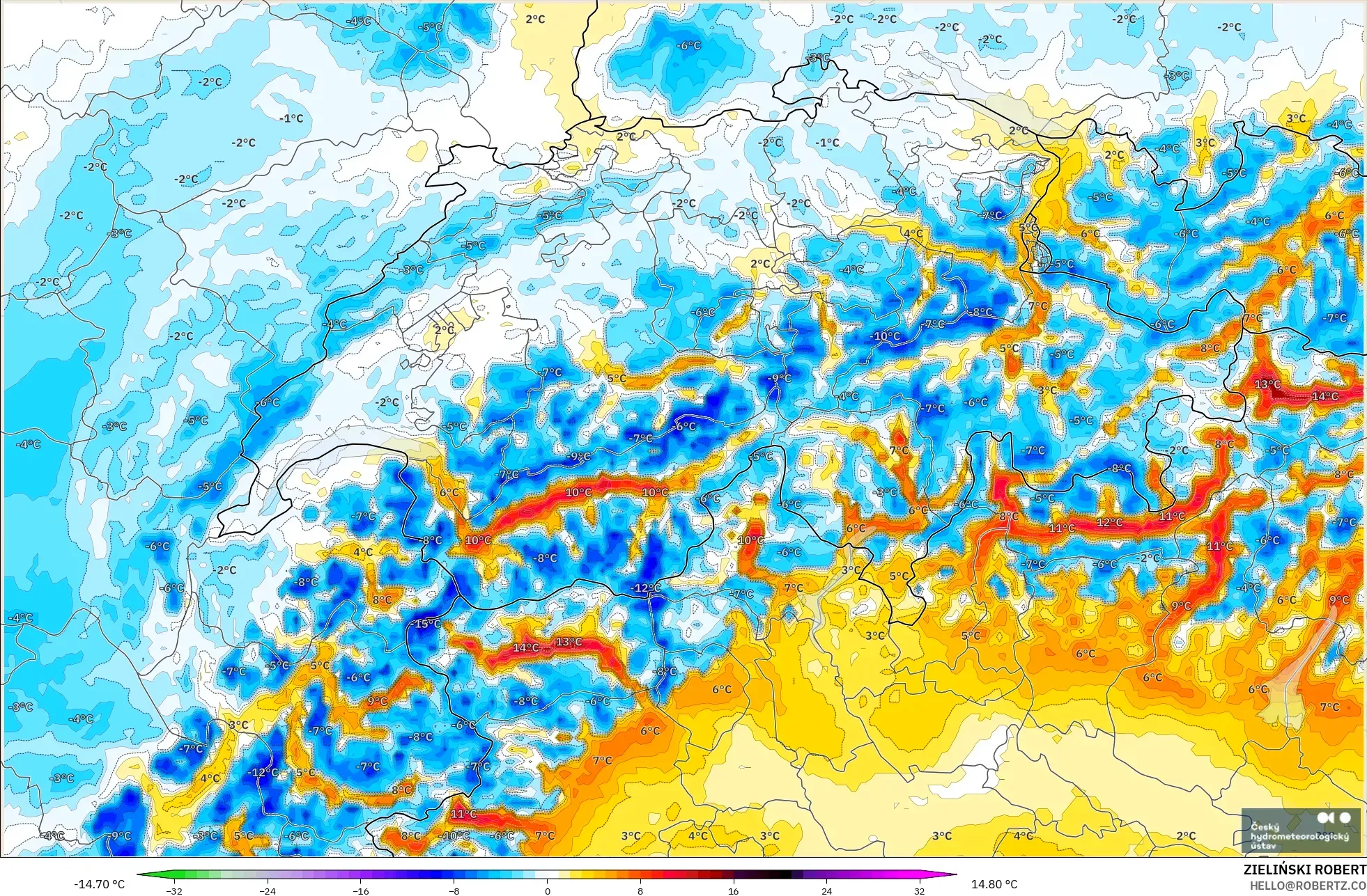 ALADIN CZ 2.3 km modelo - Suiza, Anomalía de temperatura a 2 m