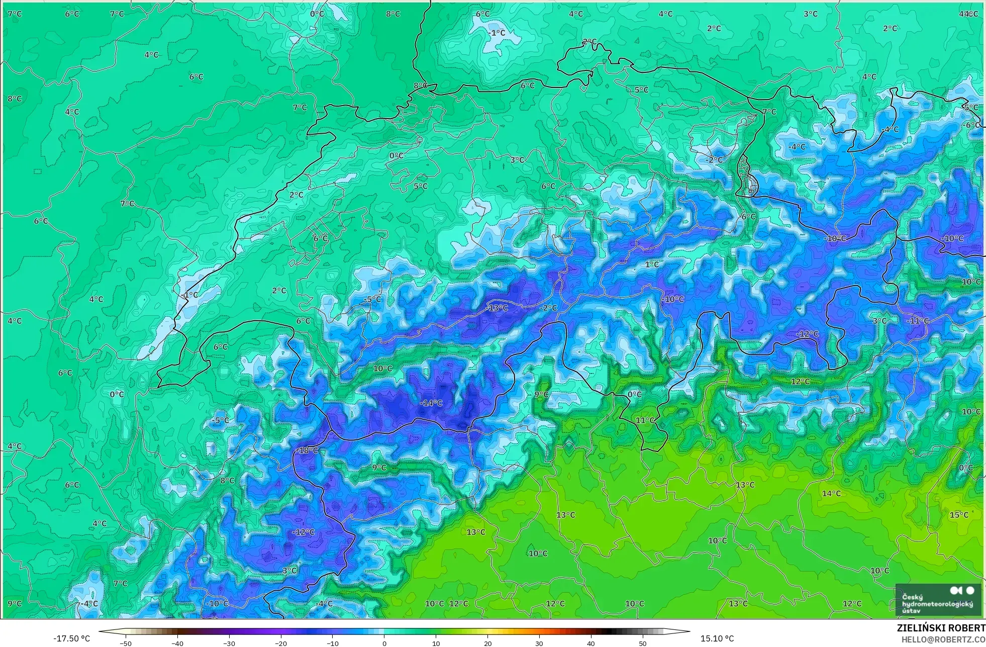 ALADIN CZ 2.3 km modelo - Suiza, Temperatura a 2 m