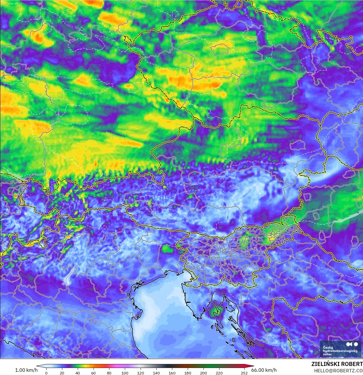 ALADIN CZ 2.3 km modelo - Austria, Ráfagas de Viento Máximas