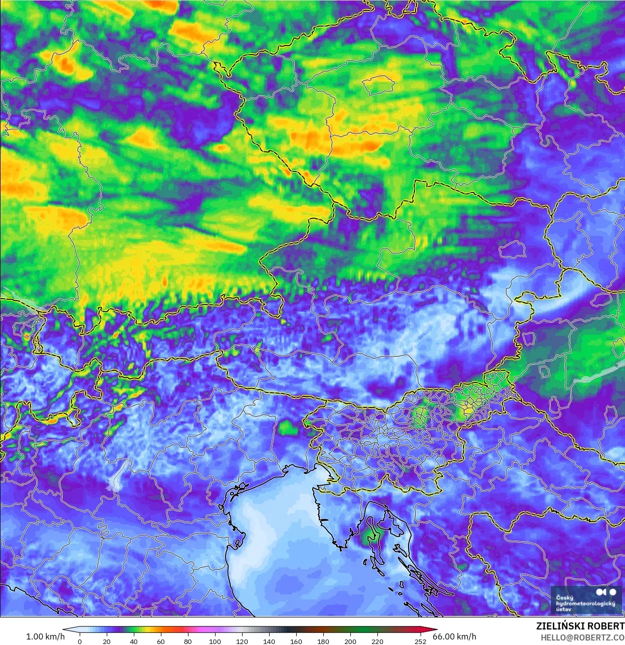 ALADIN CZ 2.3 km modelo - Austria, Ráfagas de viento