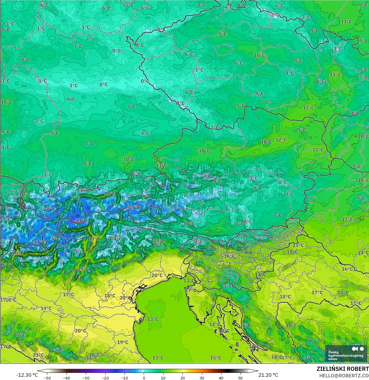 ALADIN CZ 2.3 km modelo - Austria, Temperatura a 2 m