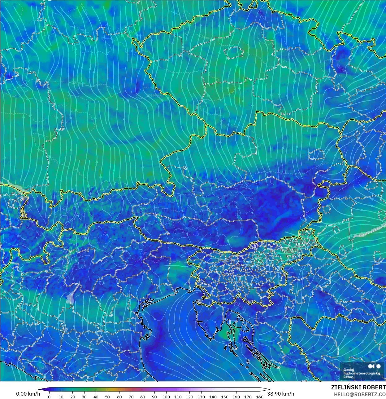 ALADIN CZ 2.3 km modelo - Austria, Viento a 10 m