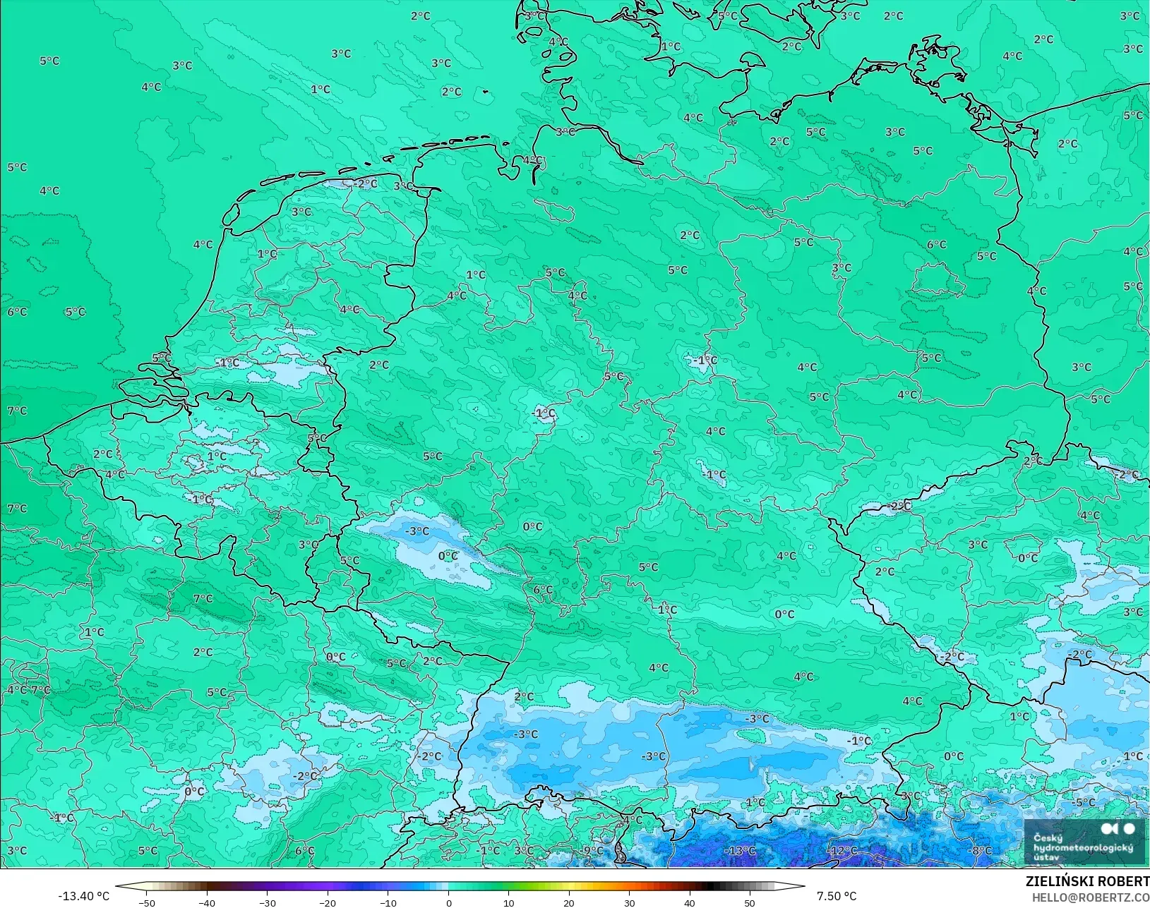 ALADIN CZ 2.3 km modelo - Alemania, Punto de rocío a 2 m