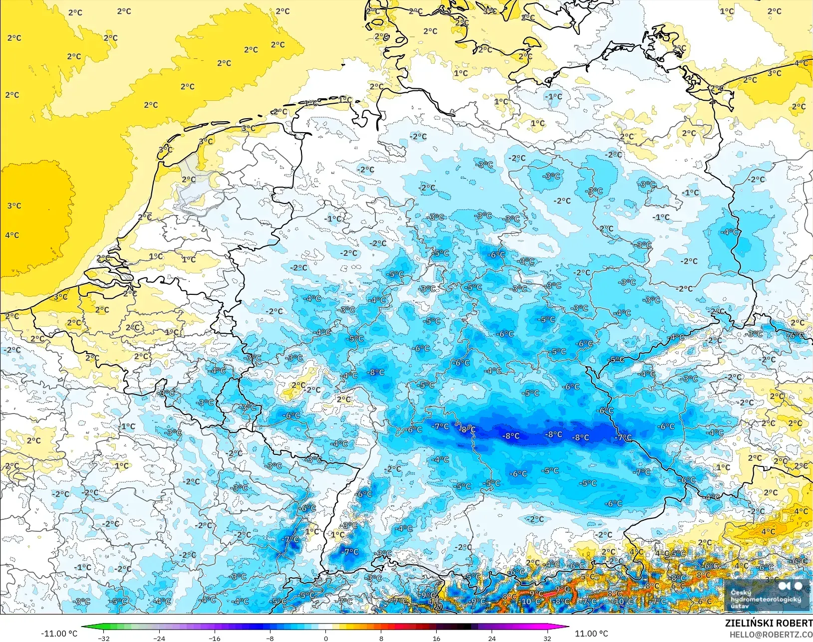 ALADIN CZ 2.3 km modelo - Alemania, Anomalía de temperatura a 2 m
