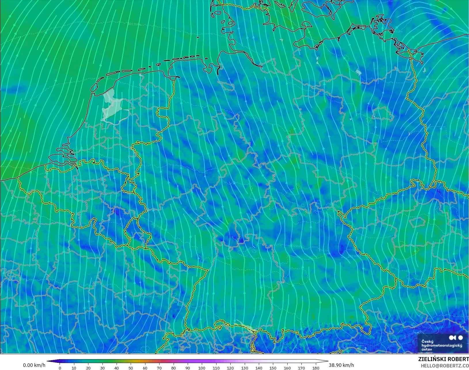 ALADIN CZ 2.3 km modelo - Alemania, Viento a 10 m