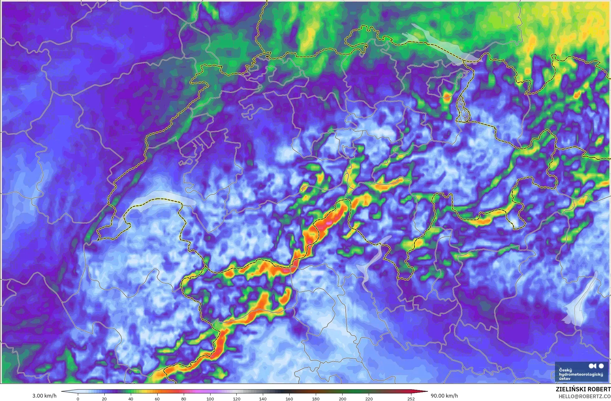 ALADIN CZ 2.3 km modelo - Suiza, Ráfagas de viento