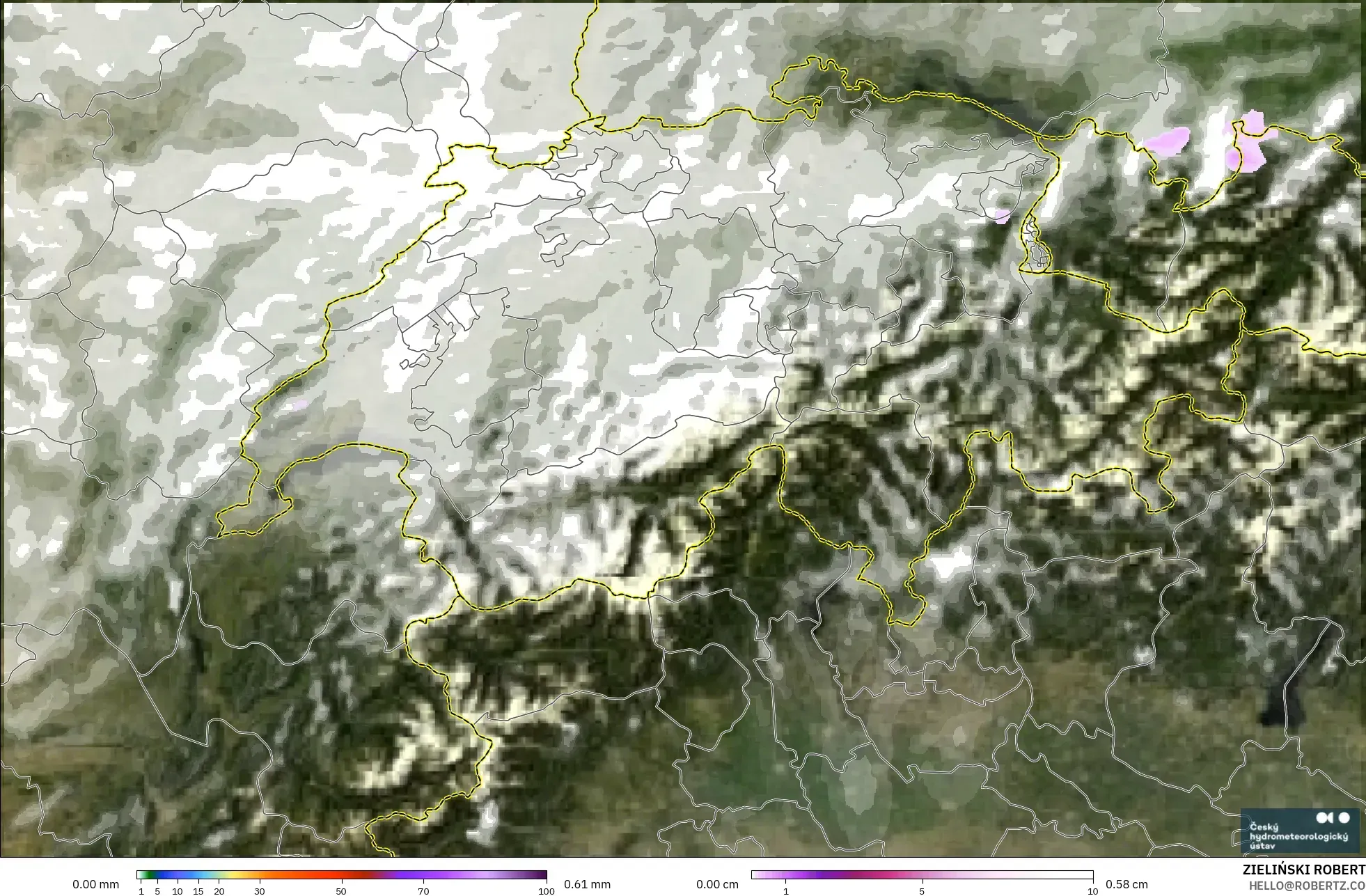 ALADIN CZ 2.3 km modelo - Suiza, Precipitación, nubes y presión