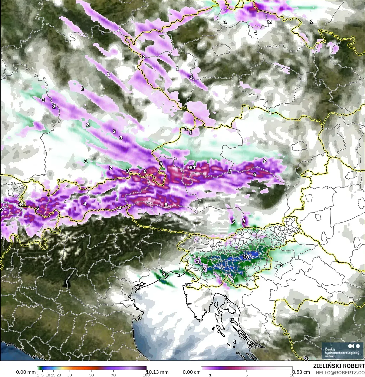 ALADIN CZ 2.3 km modelo - Austria, Precipitación, nubes y presión