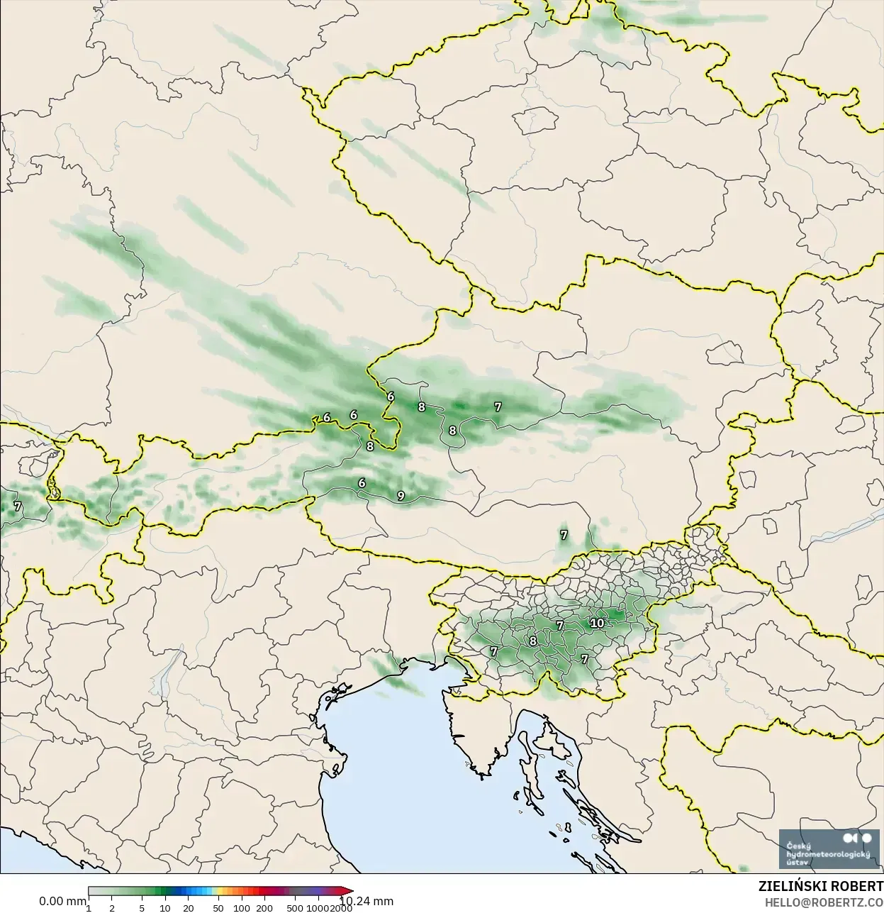 ALADIN CZ 2.3 km modelo - Austria, Acumulación de precipitación