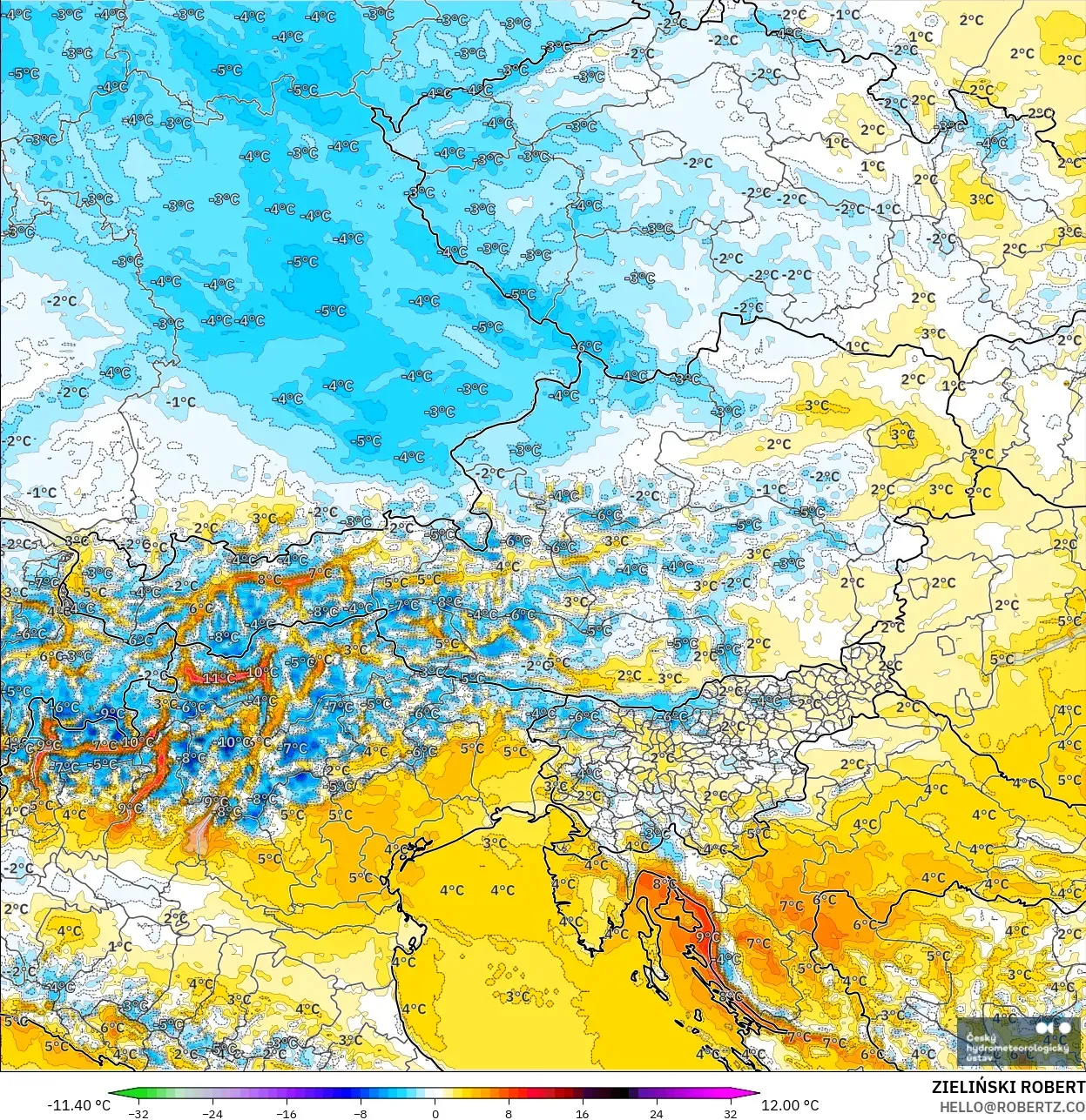 ALADIN CZ 2.3 km modelo - Austria, Anomalía de temperatura a 2 m