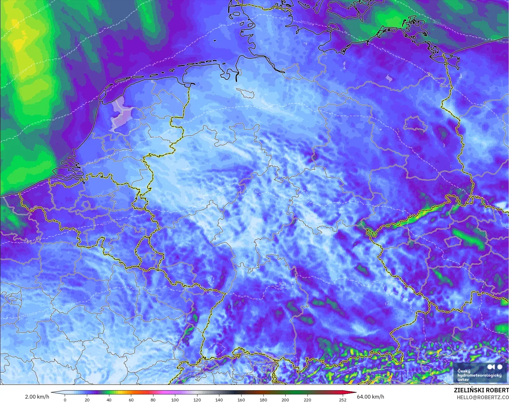 ALADIN CZ 2.3 km modelo - Alemania, Ráfagas de Viento Máximas