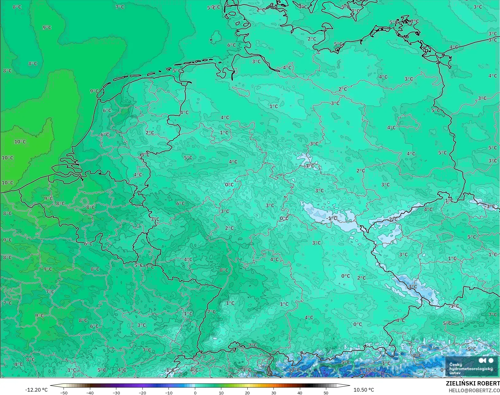 ALADIN CZ 2.3 km modelo - Alemania, Temperatura a 2 m