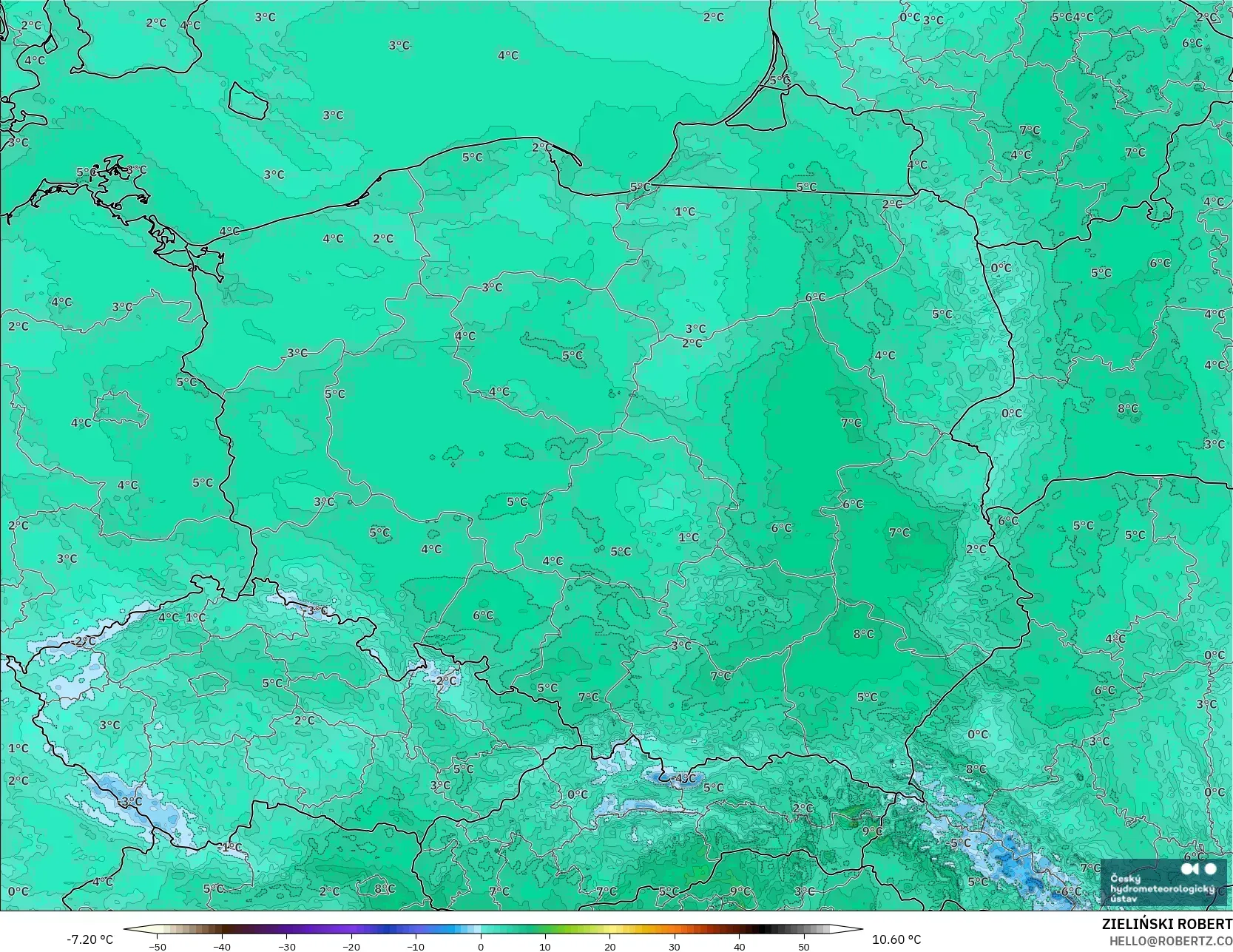 ALADIN CZ 2.3 km modelo - Polonia, Temperatura a 2 m
