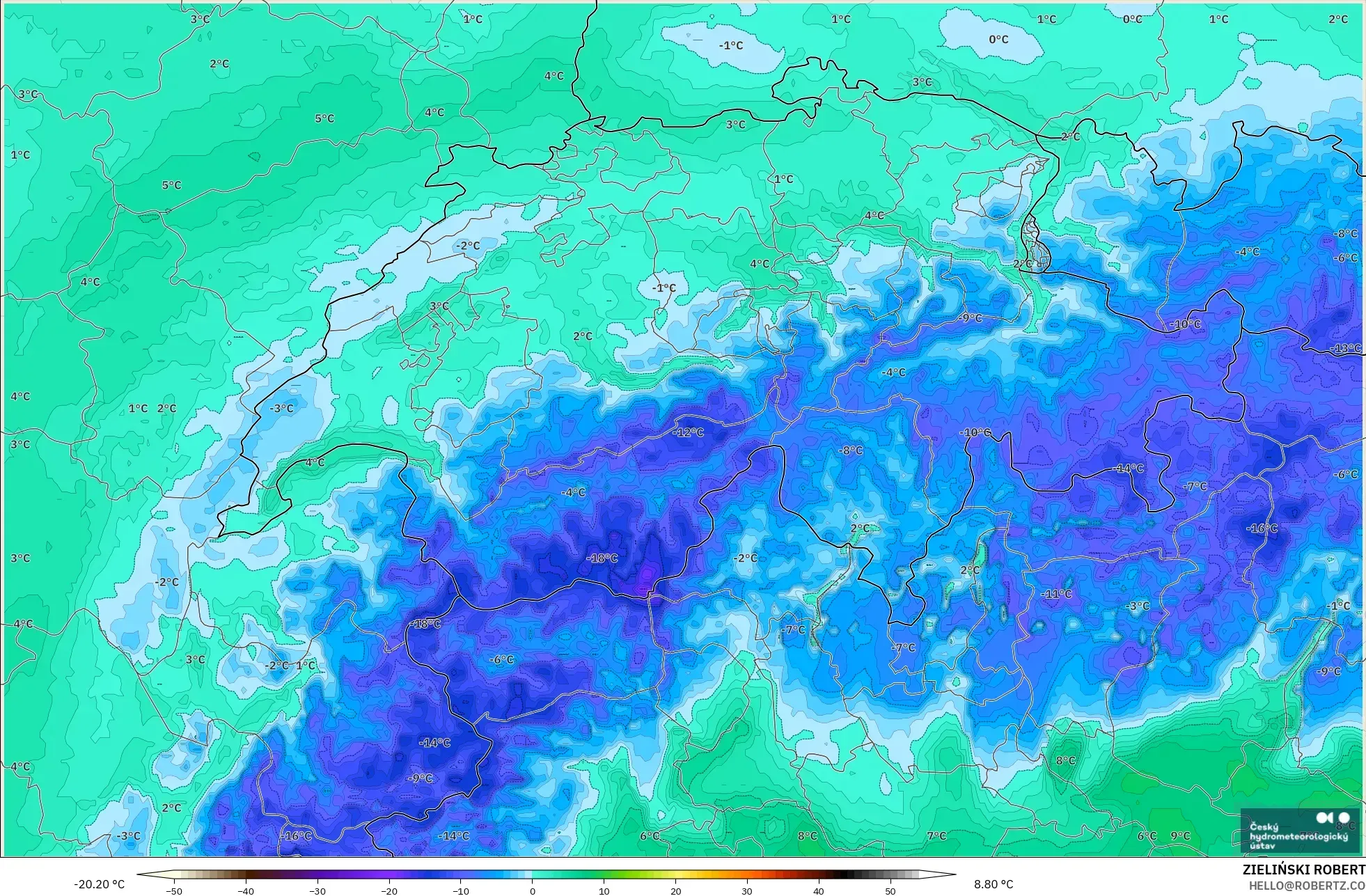 ALADIN CZ 2.3 km modelo - Suiza, Punto de rocío a 2 m