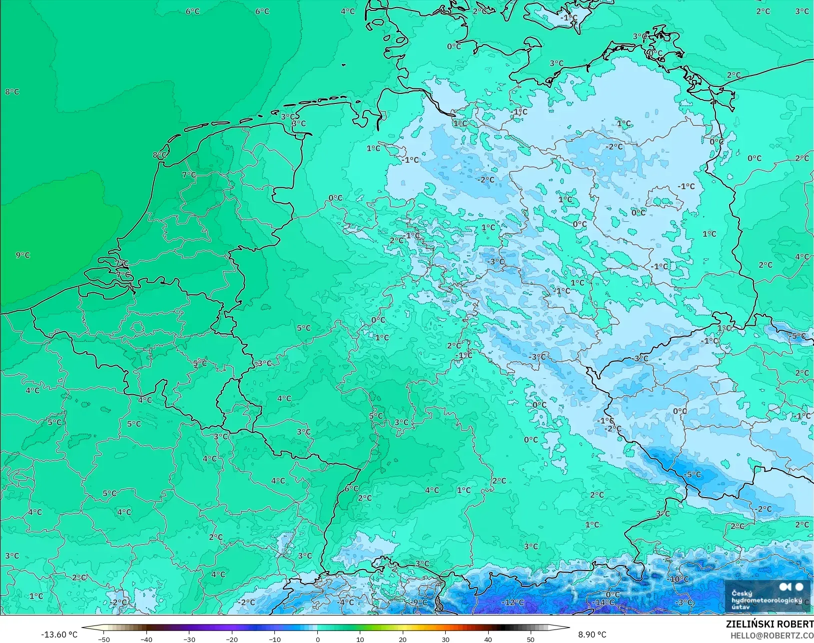 ALADIN CZ 2.3 km modelo - Alemania, Punto de rocío a 2 m