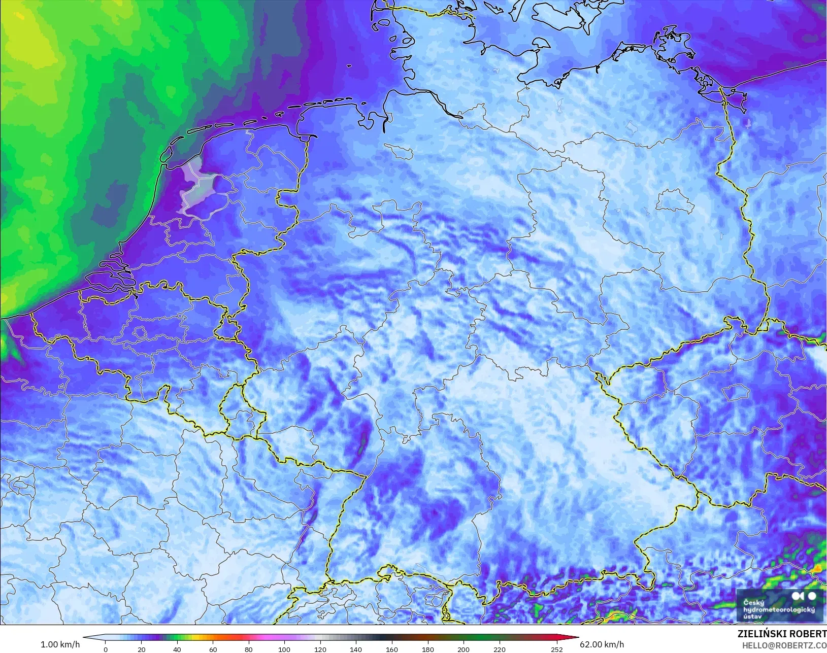 ALADIN CZ 2.3 km modelo - Alemania, Ráfagas de viento