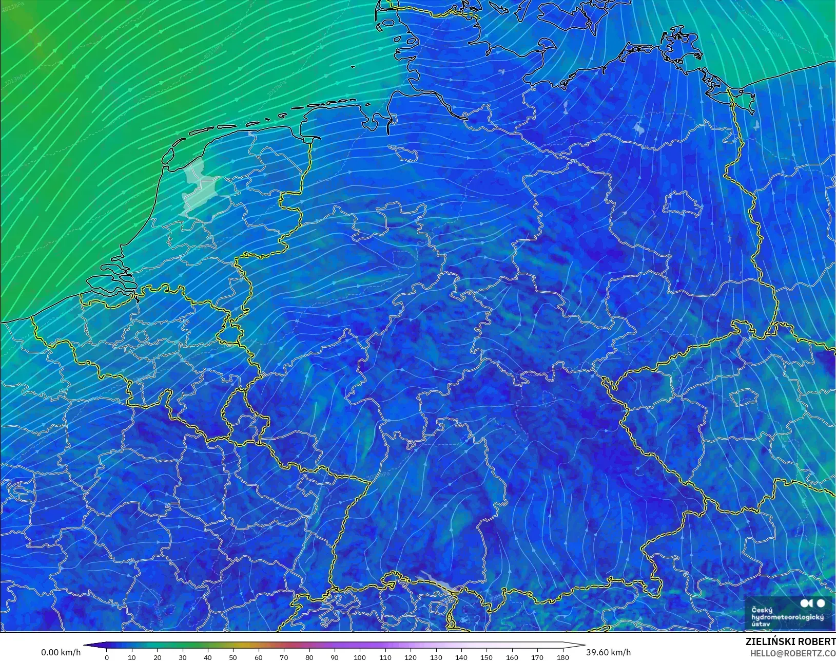 ALADIN CZ 2.3 km modelo - Alemania, Viento a 10 m