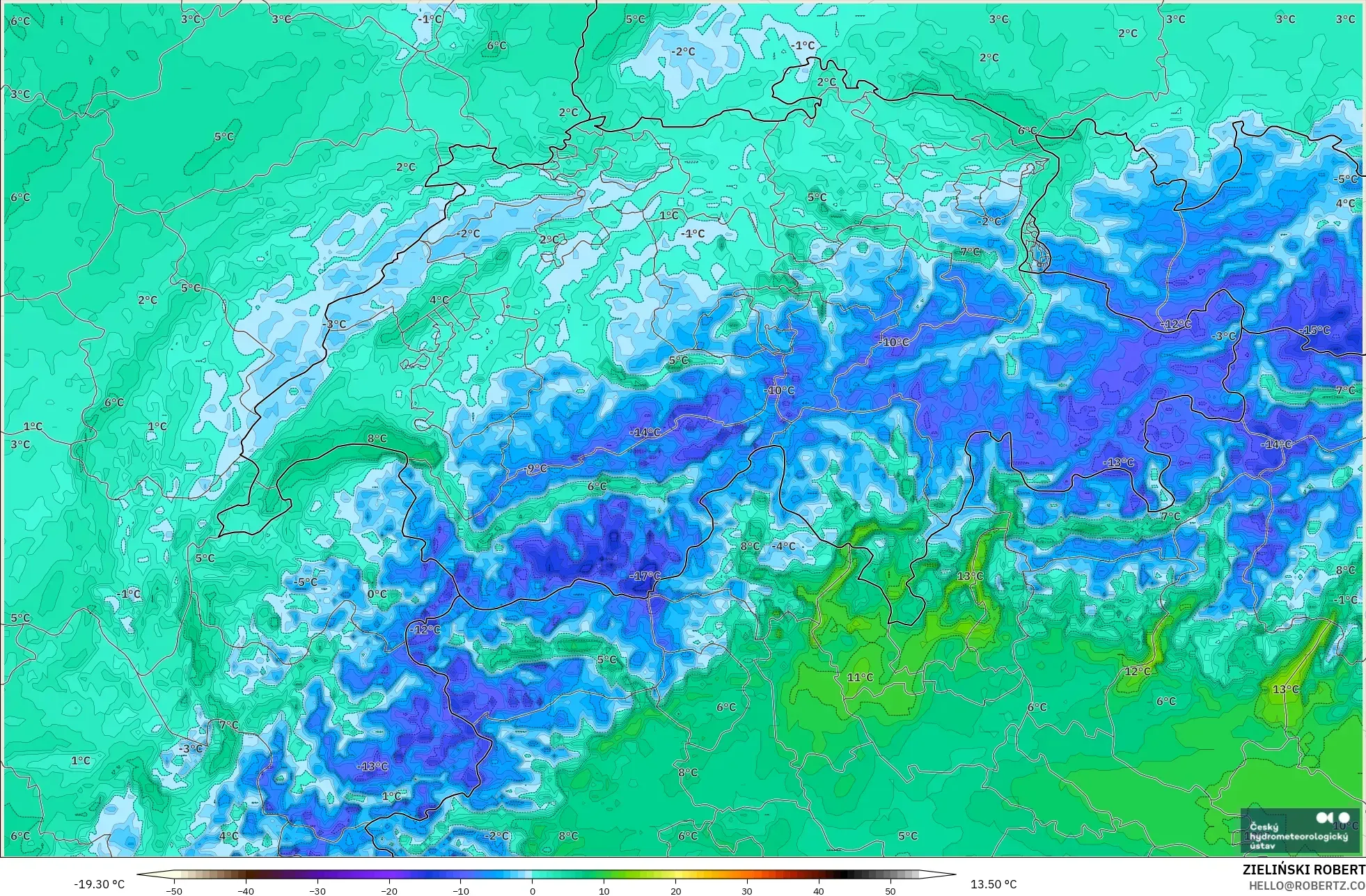 ALADIN CZ 2.3 km modelo - Suiza, Temperatura a 2 m