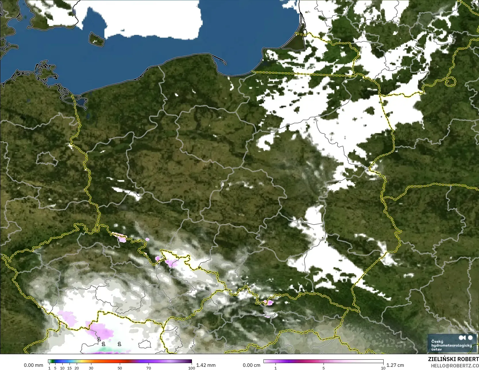 ALADIN CZ 2.3 km modelo - Polonia, Precipitación, nubes y presión